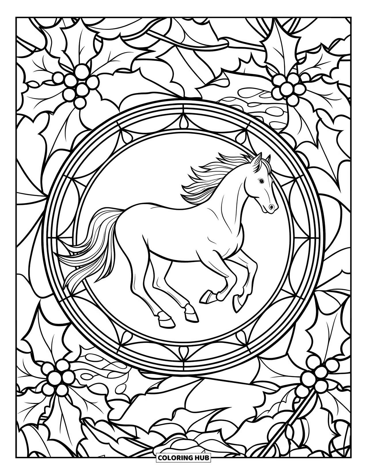 Christmas Horse Coloring Page for Adults: A galloping horse shines in stained glass with holly and berries all around