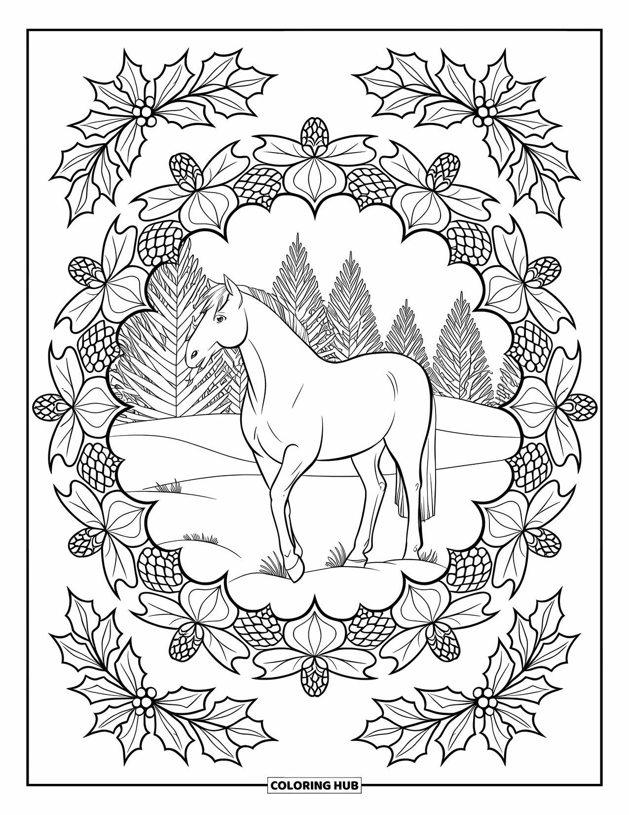 Christmas Horse Coloring Page for Adults: A gentle horse stands in snow within a mandala of holly and pinecones