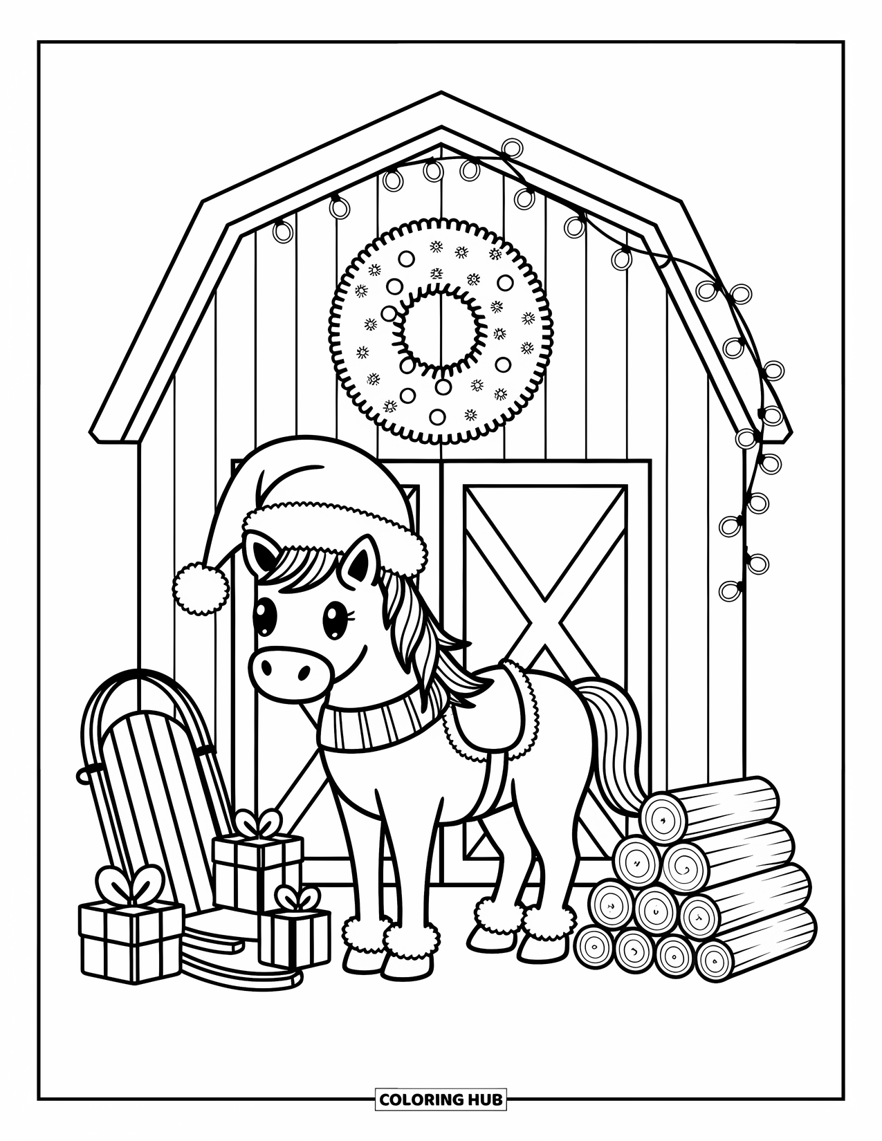 Christmas Horse Coloring Page for Adults: A horse in a scarf stands proudly by a barn decked in festive cheer