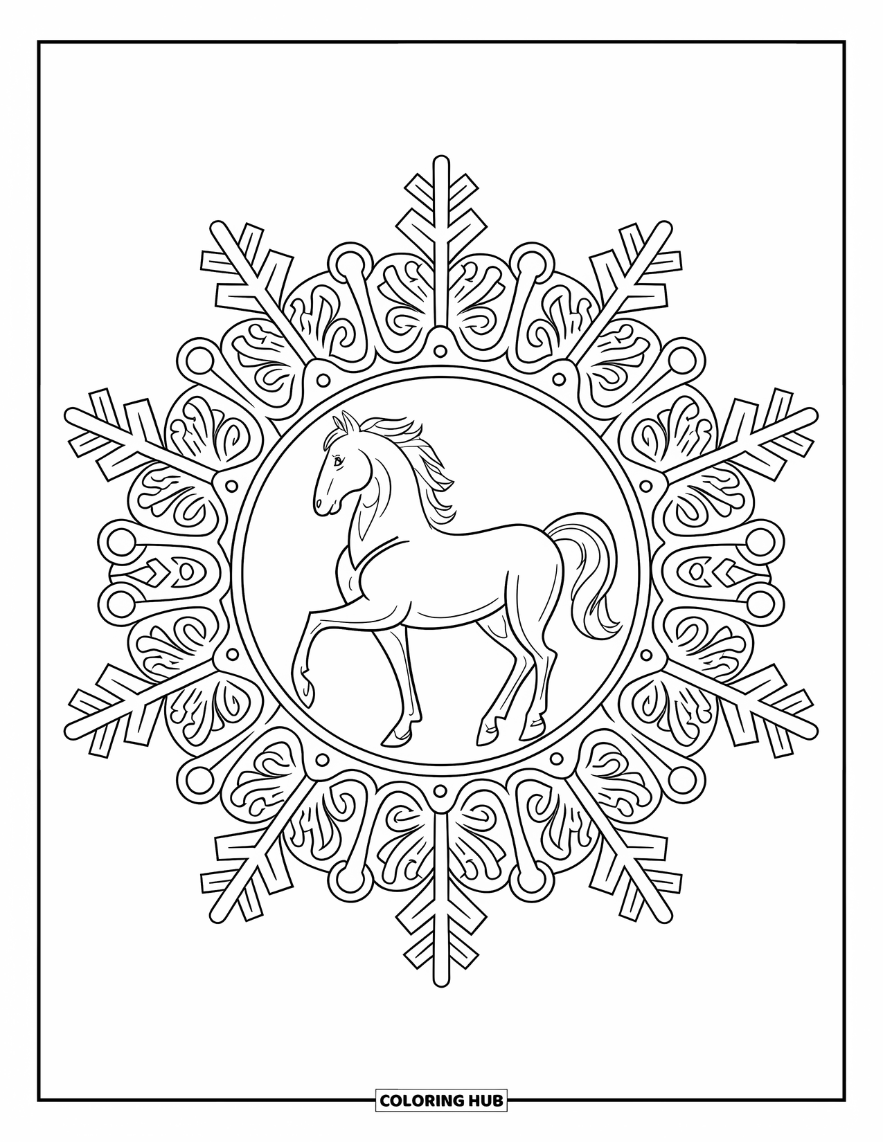 Christmas Horse Coloring Page for Adults: A horse is centered in a snowy mandala of Christmas vines and snowflakes
