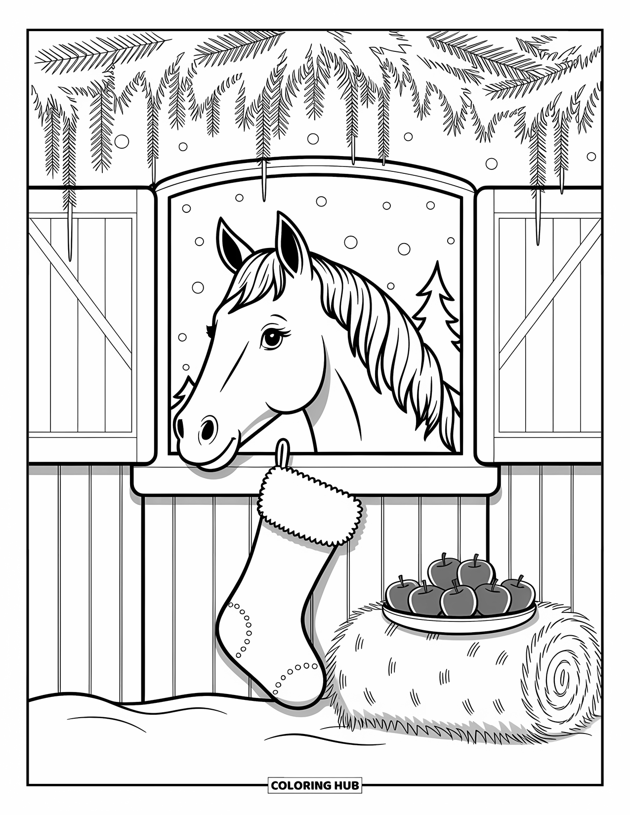 Christmas Horse Coloring Page for Adults: A horse peeks through a stable window framed by garlands and icicles