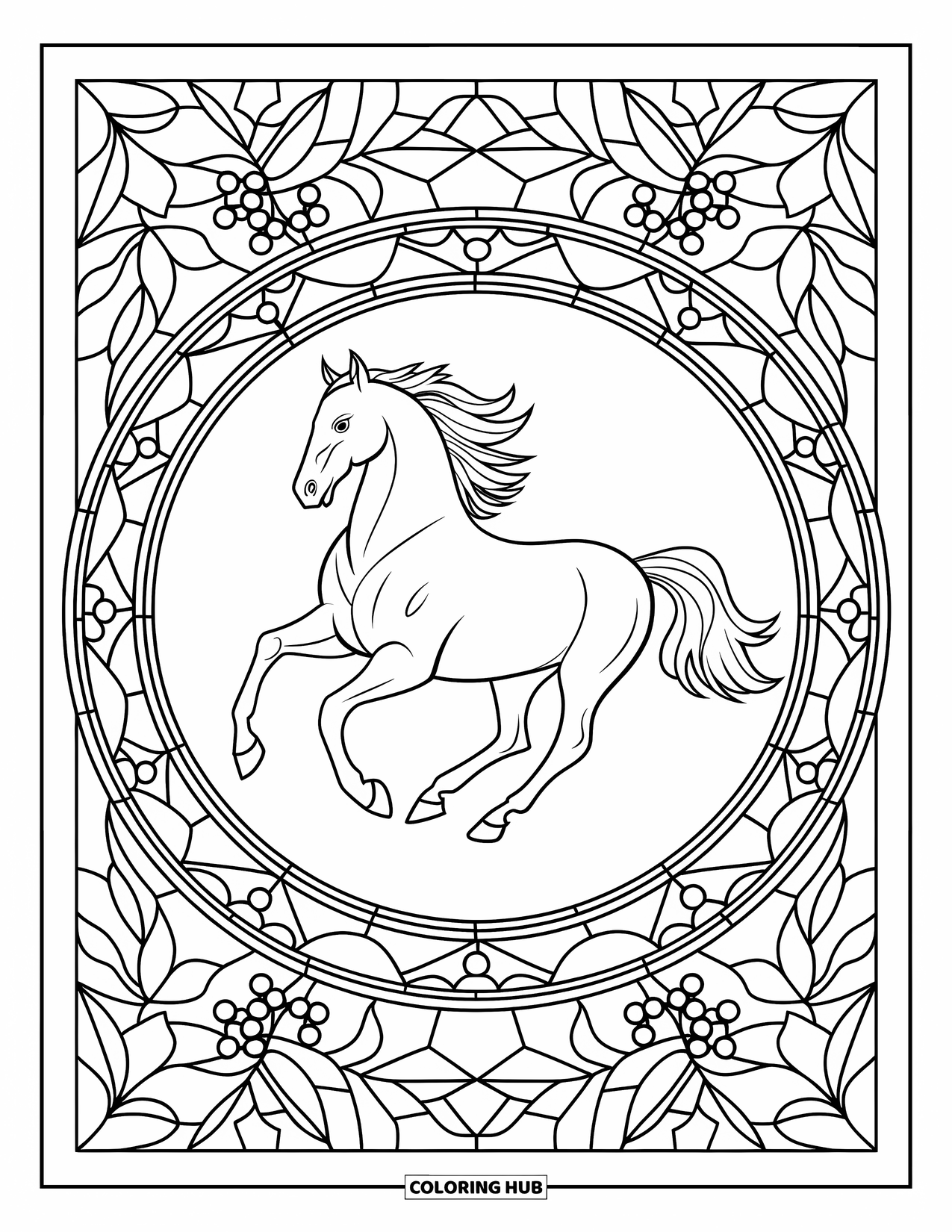 Christmas Horse Coloring Page for Adults: A horse runs in a stained-glass circle filled with holiday leaves and berries
