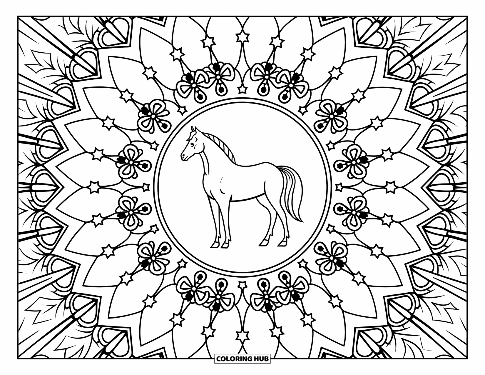 Christmas Horse Coloring Page for Adults: A horse stands inside a patterned circle of bows, stars, and pinecones