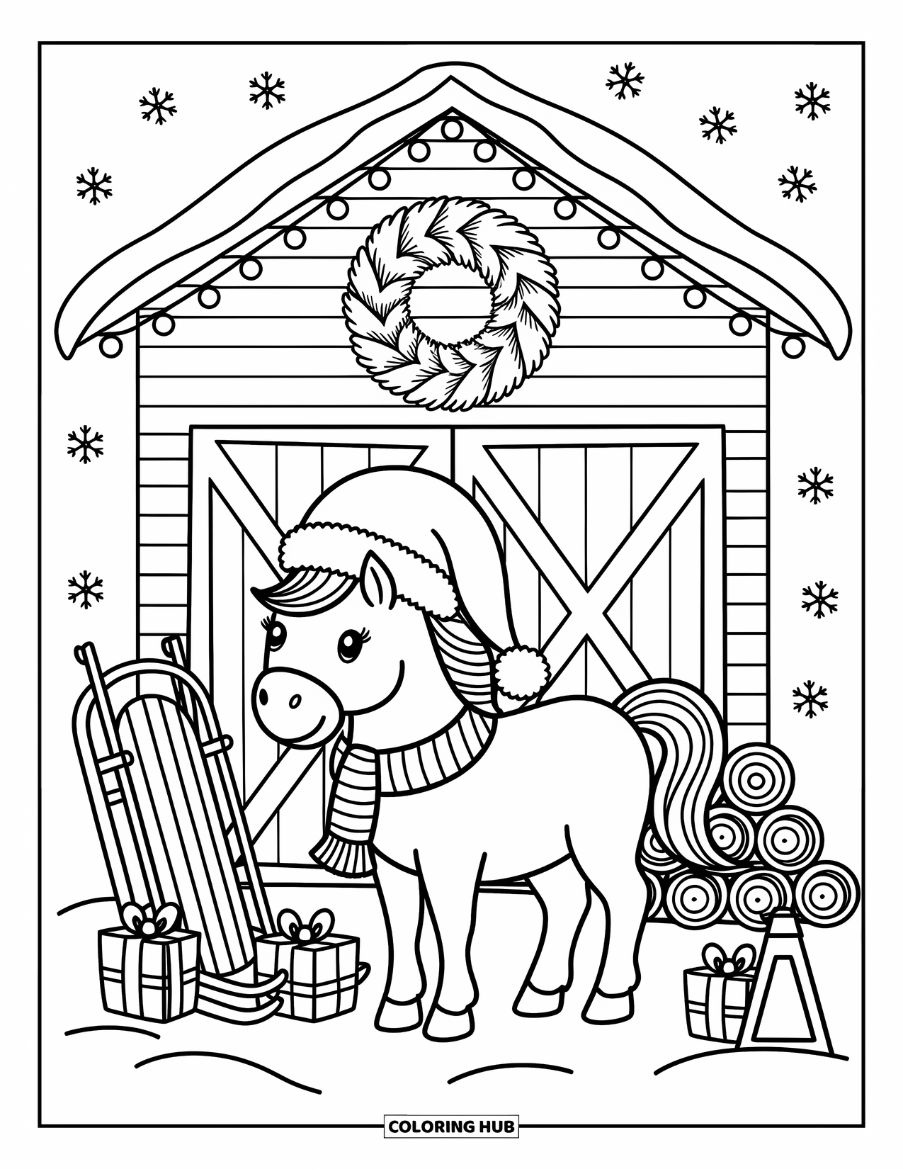Christmas Horse Coloring Page for Adults: A horse stands proudly by a barn with twinkling lights and drifting snow