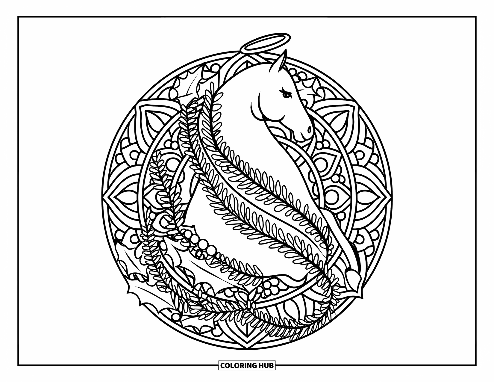 Christmas Horse Coloring Page for Adults: A horse with a halo stands in a mandala of holly and garlands