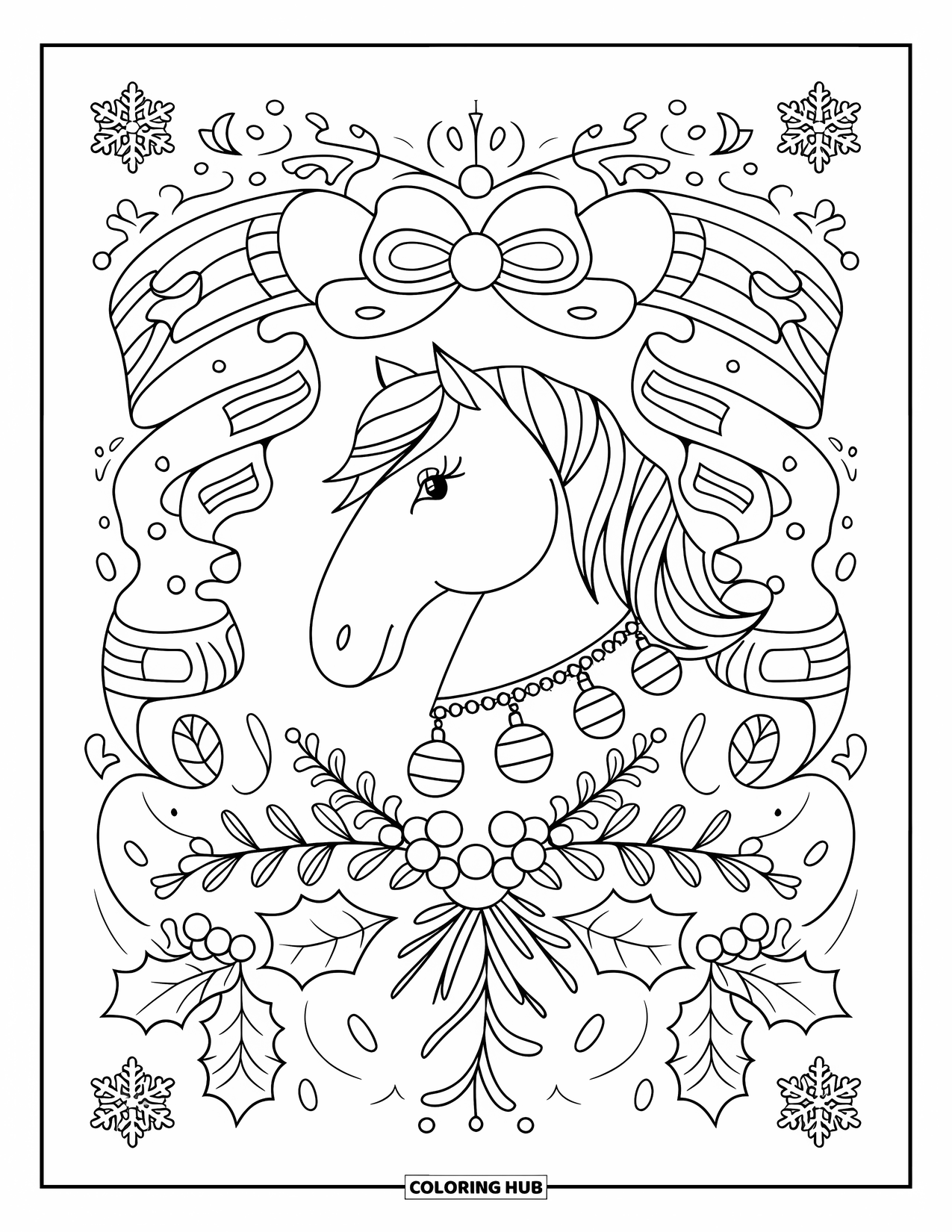 Christmas Horse Coloring Page for Adults: A jingle-bell horse with mistletoe and holly stands in a snowy design
