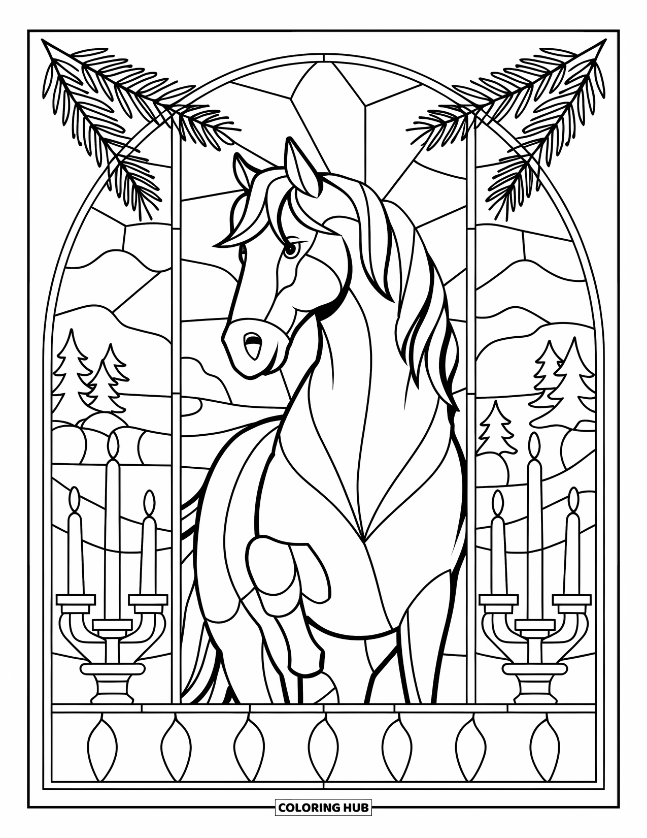 Christmas Horse Coloring Page for Adults: A majestic horse appears in stained glass with candles and a winter scene