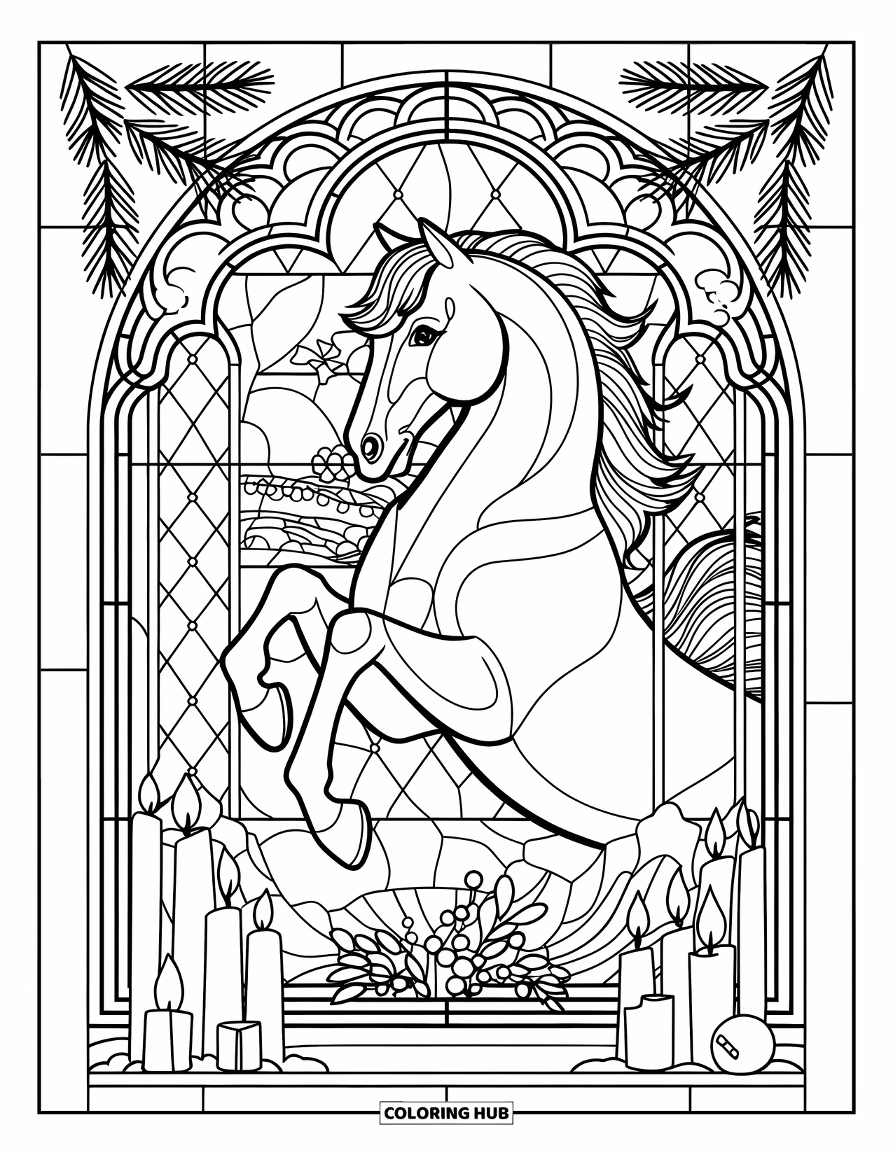 Christmas Horse Coloring Page for Adults: A majestic horse stands in a stained-glass window with candles and pine