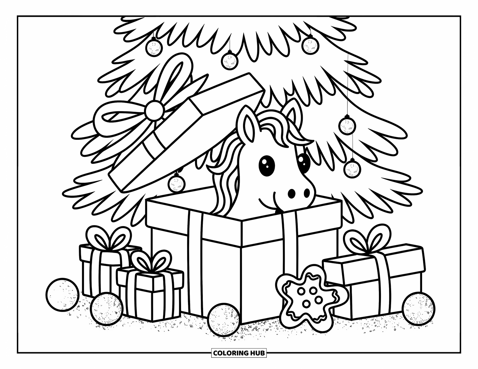 Christmas Horse Coloring Page for Adults: A playful horse peeks out of a gift box beneath a Christmas tree