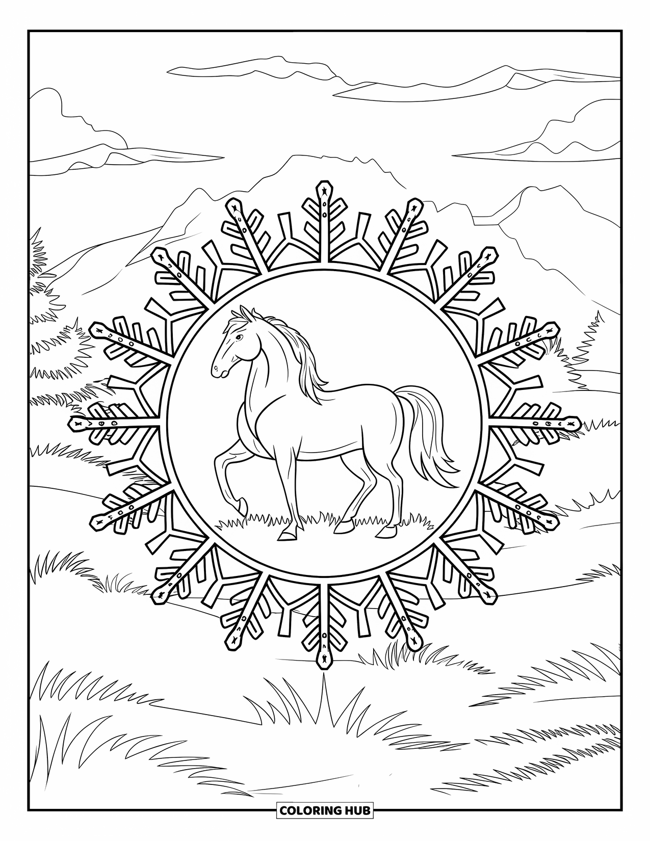 Christmas Horse Coloring Page for Adults: A saddled horse stands in a snowy mandala with holly and mountains
