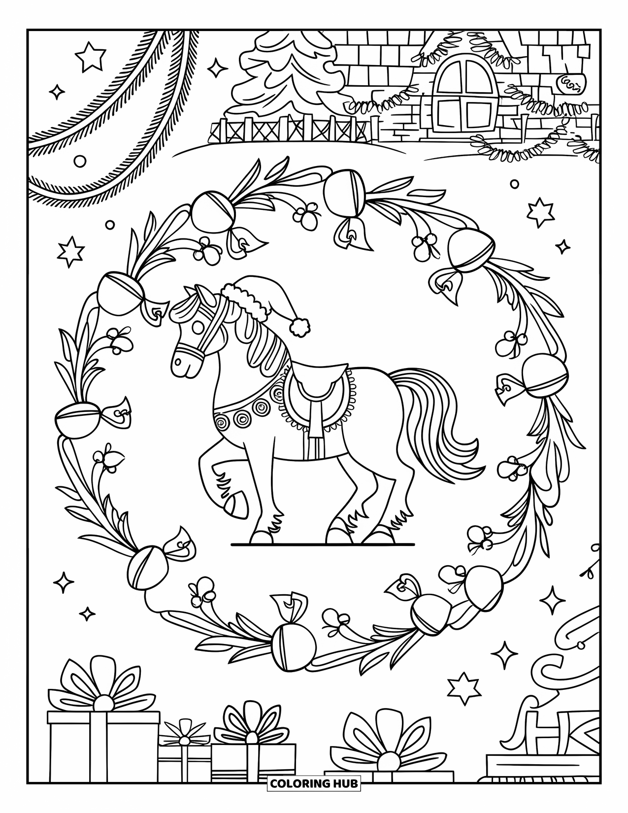 Christmas Horse Coloring Page for Adults: A Santa-hat horse stands in a festive mandala near a tree and presents