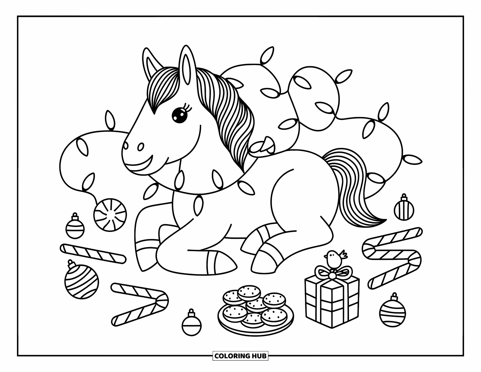 Christmas Horse Coloring Page for Adults: A tangled-up horse sits in lights with candy canes and a cookie plate