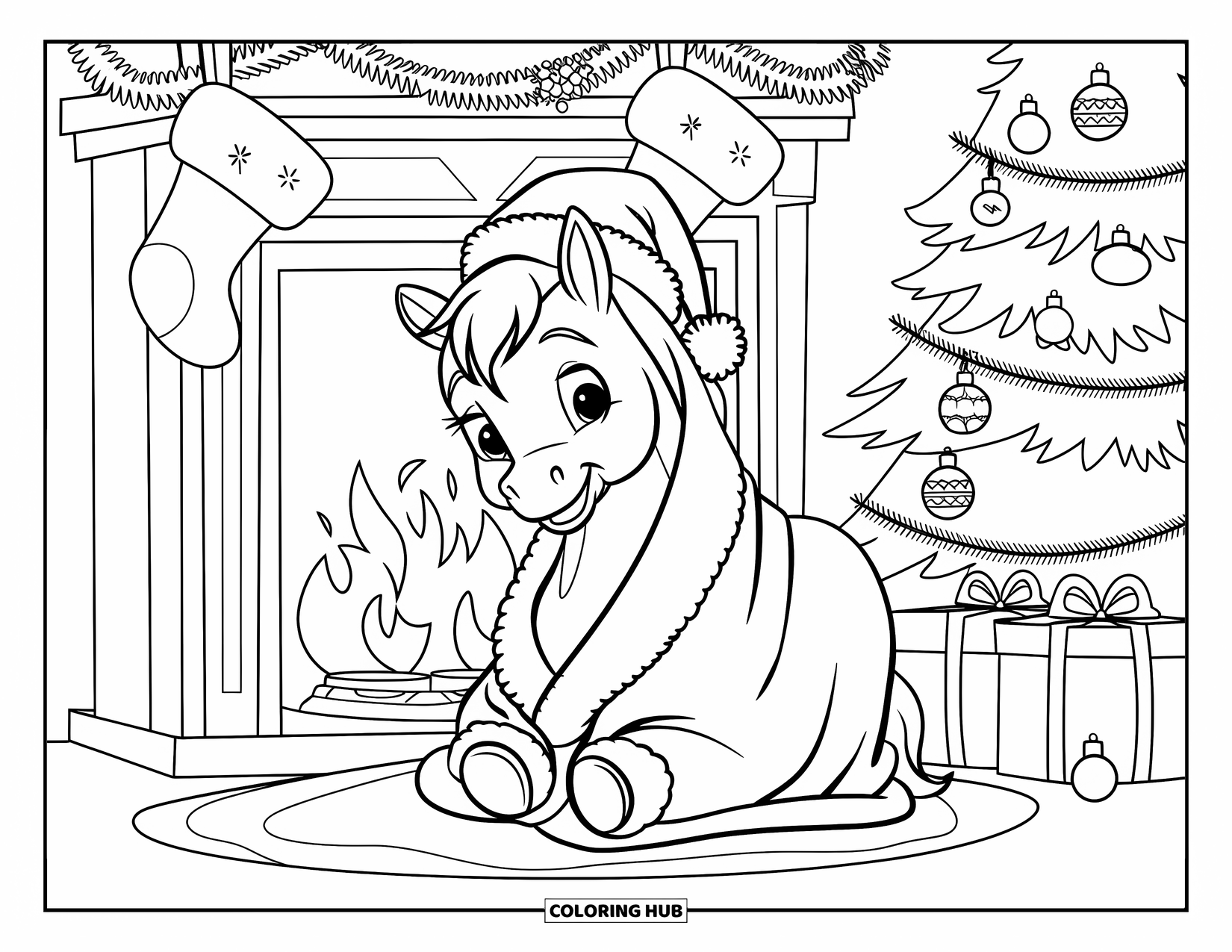 Christmas Horse Coloring Page for Kids: A baby horse in a blanket snuggles near a fireplace and tree