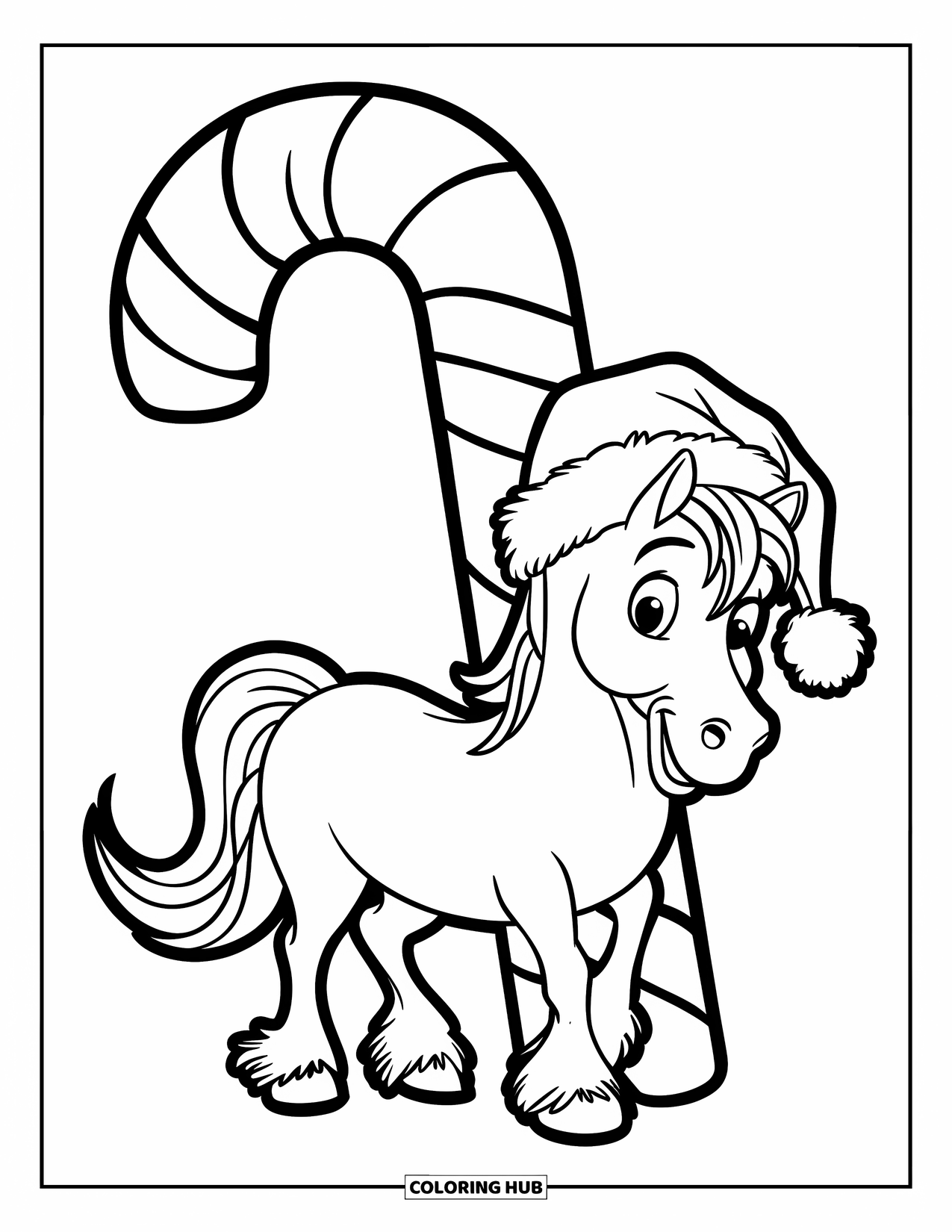 Christmas Horse Coloring Page for Kids: A candy cane stands tall beside a red-nosed horse with a striped mane