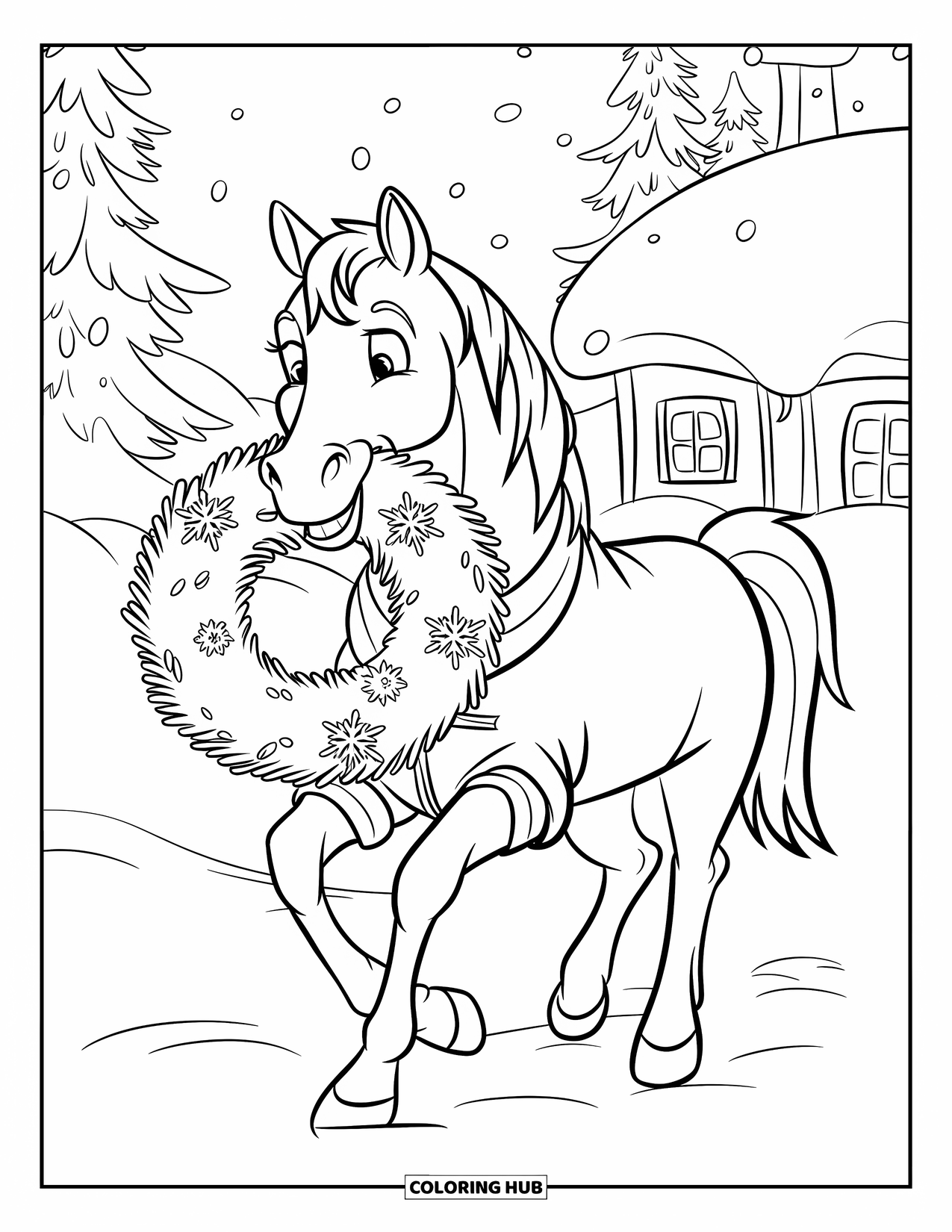 Christmas Horse Coloring Page for Kids: A cheerful horse in a coat and scarf holds a wreath in the snow