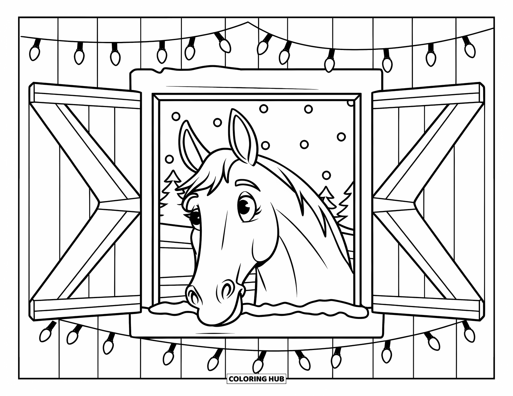 Christmas Horse Coloring Page for Kids: A curious horse peeks out from a barn window lined with Christmas lights