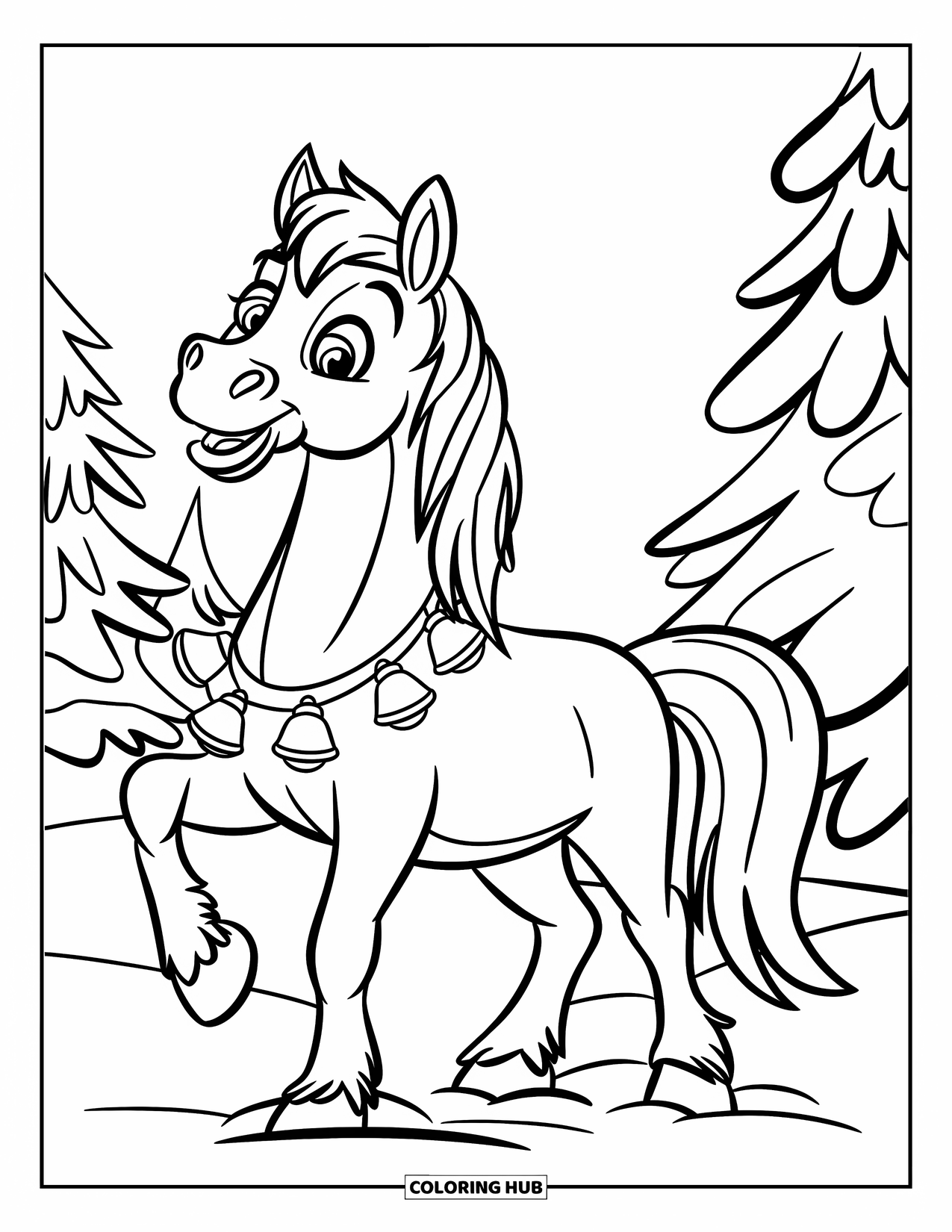 Christmas Horse Coloring Page for Kids: A cute horse enjoys the snow with bells jingling around its neck