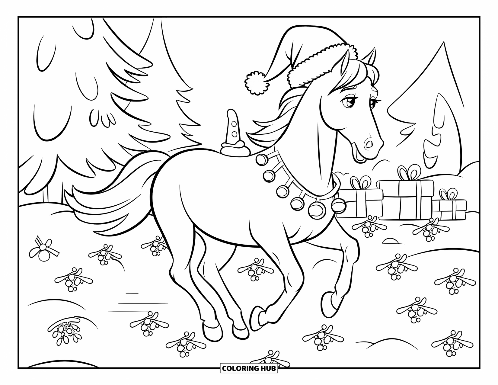 Christmas Horse Coloring Page for Kids: A festive horse with jingle bells races past mistletoe, trees, and presents