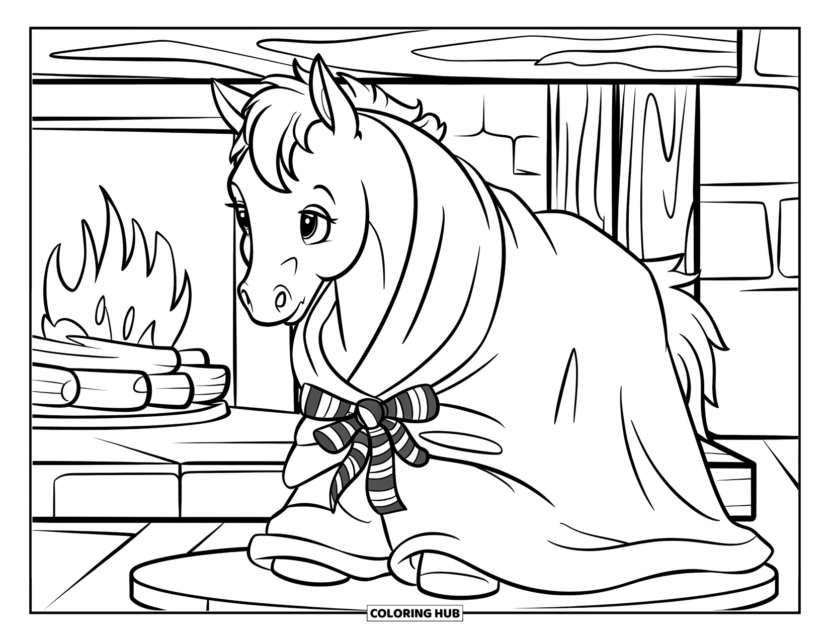 Christmas Horse Coloring Page for Kids: A fluffy foal in a ribboned blanket stands near a glowing fireplace