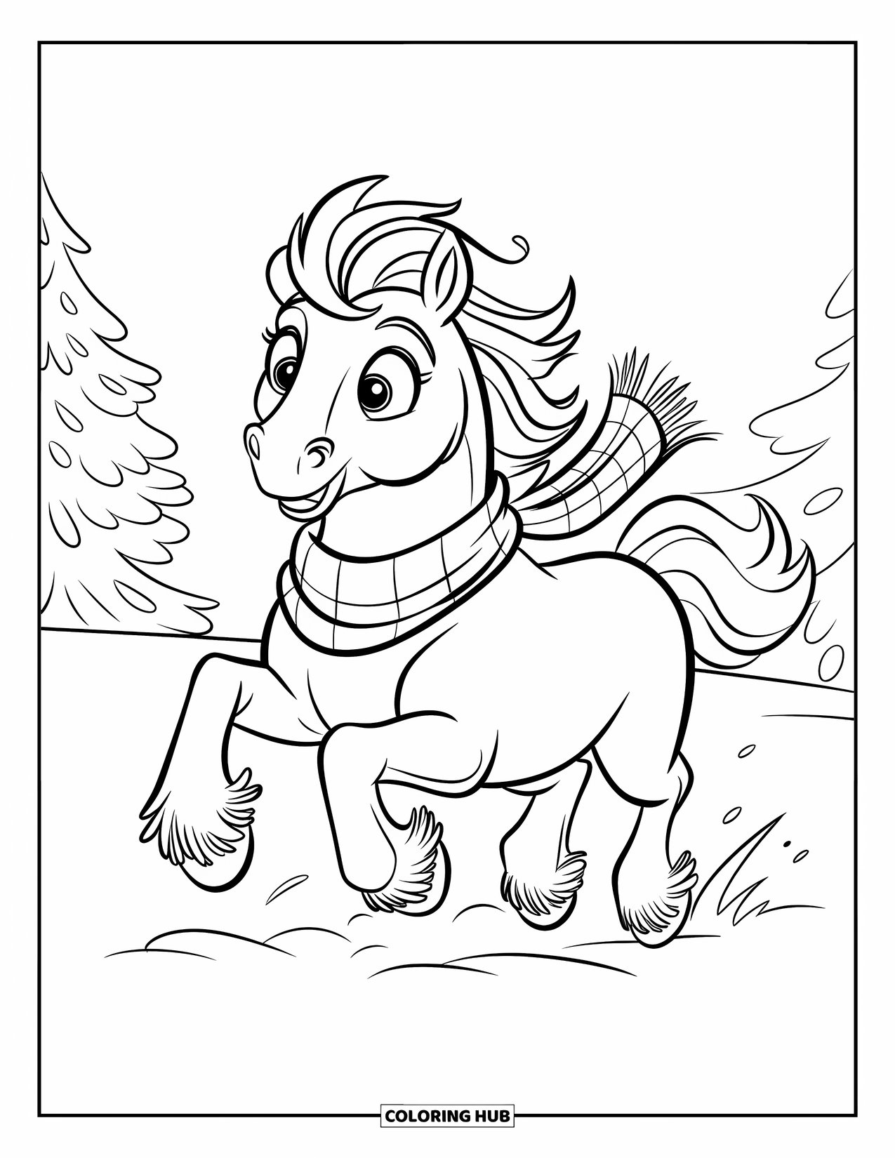 Christmas Horse Coloring Page for Kids: A fluffy horse with a scarf runs under snow-covered trees