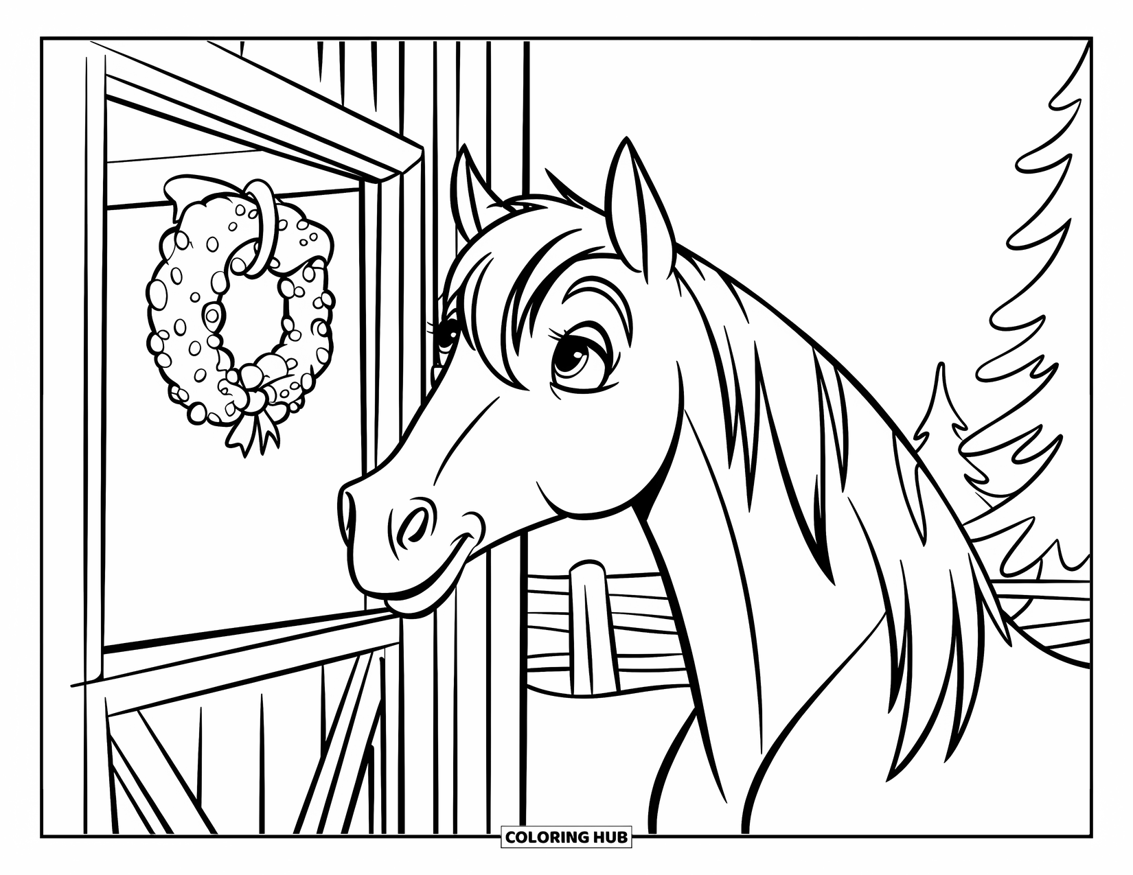 Christmas Horse Coloring Page for Kids: A gentle horse gazes out of a snowy barn window with a wreath