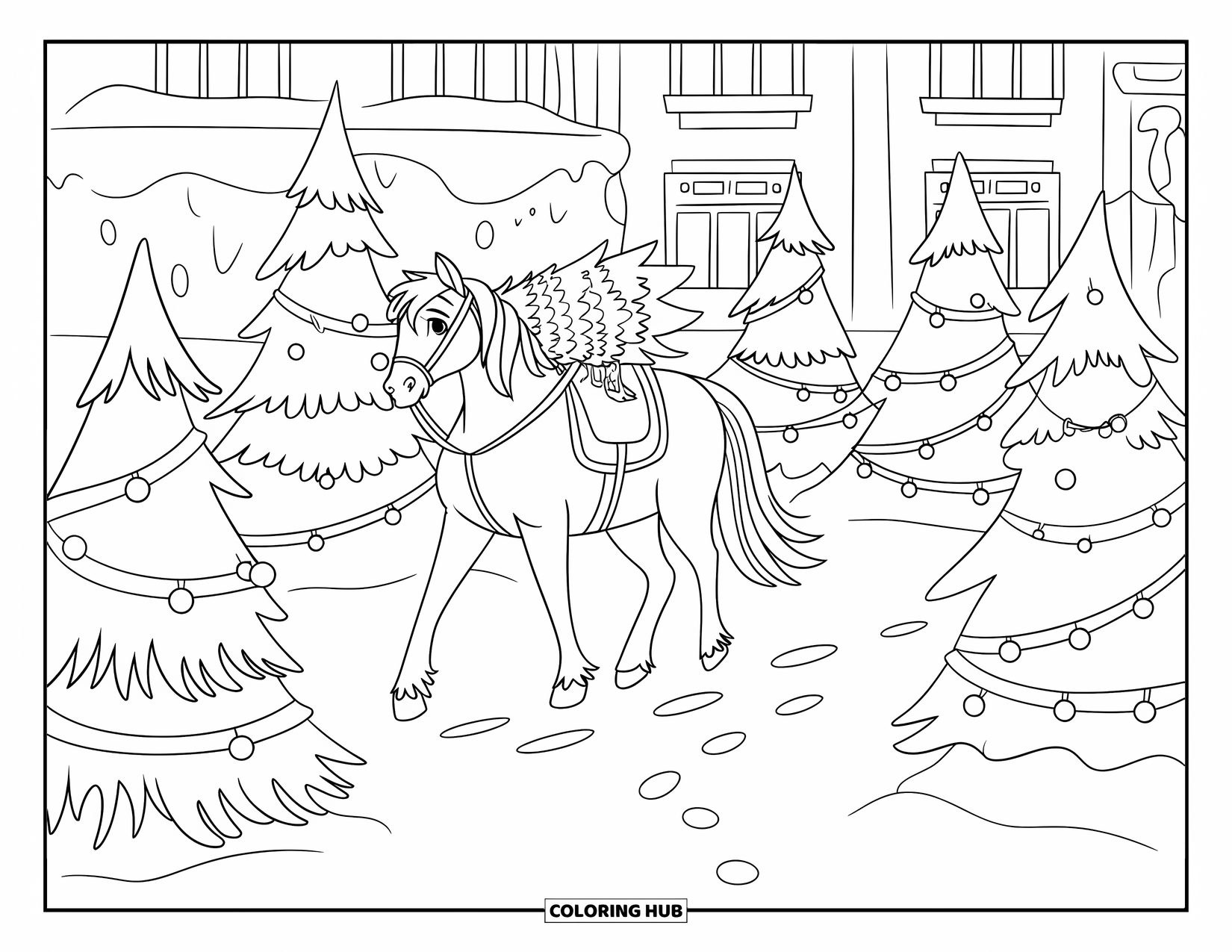 Christmas Horse Coloring Page for Kids: A horse carries a Christmas tree through snowy pines with glowing ornaments
