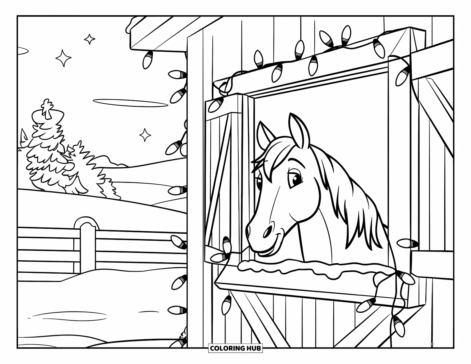 Christmas Horse Coloring Page for Kids: A horse peers from a snowy barn window with trees and stars outside