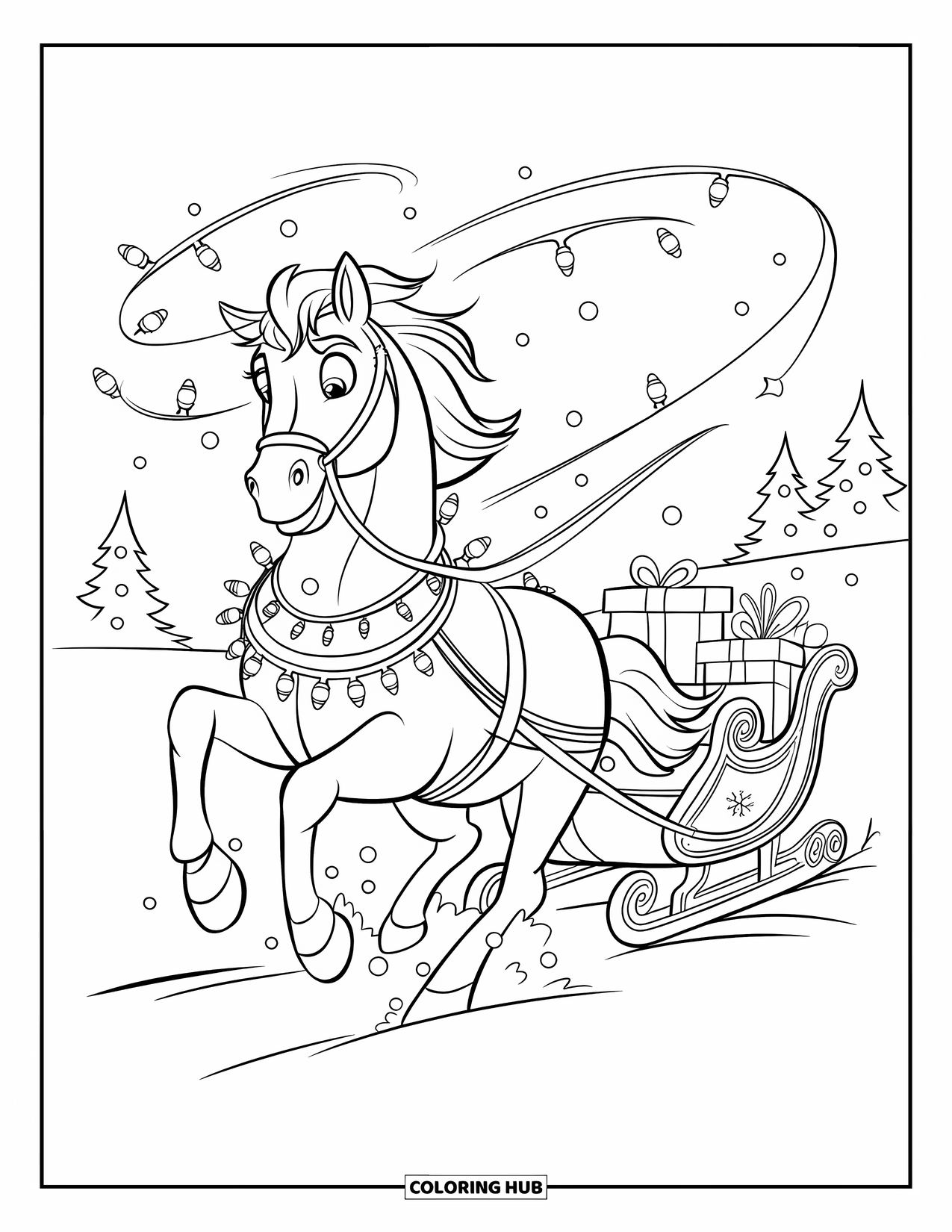 Christmas Horse Coloring Page for Kids: A horse pulls a present-filled sleigh through snow and lights