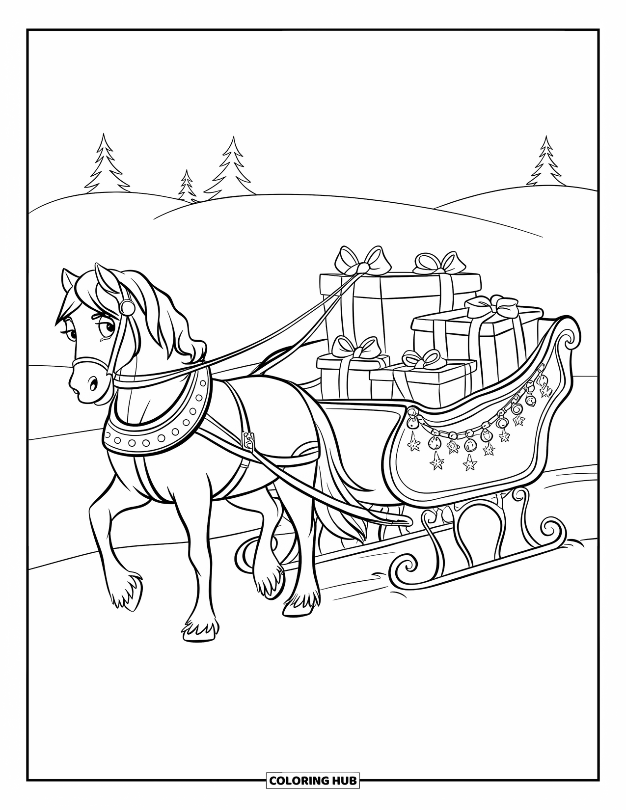 Christmas Horse Coloring Page for Kids: A horse pulls a Victorian sleigh packed with ribbon-wrapped gifts