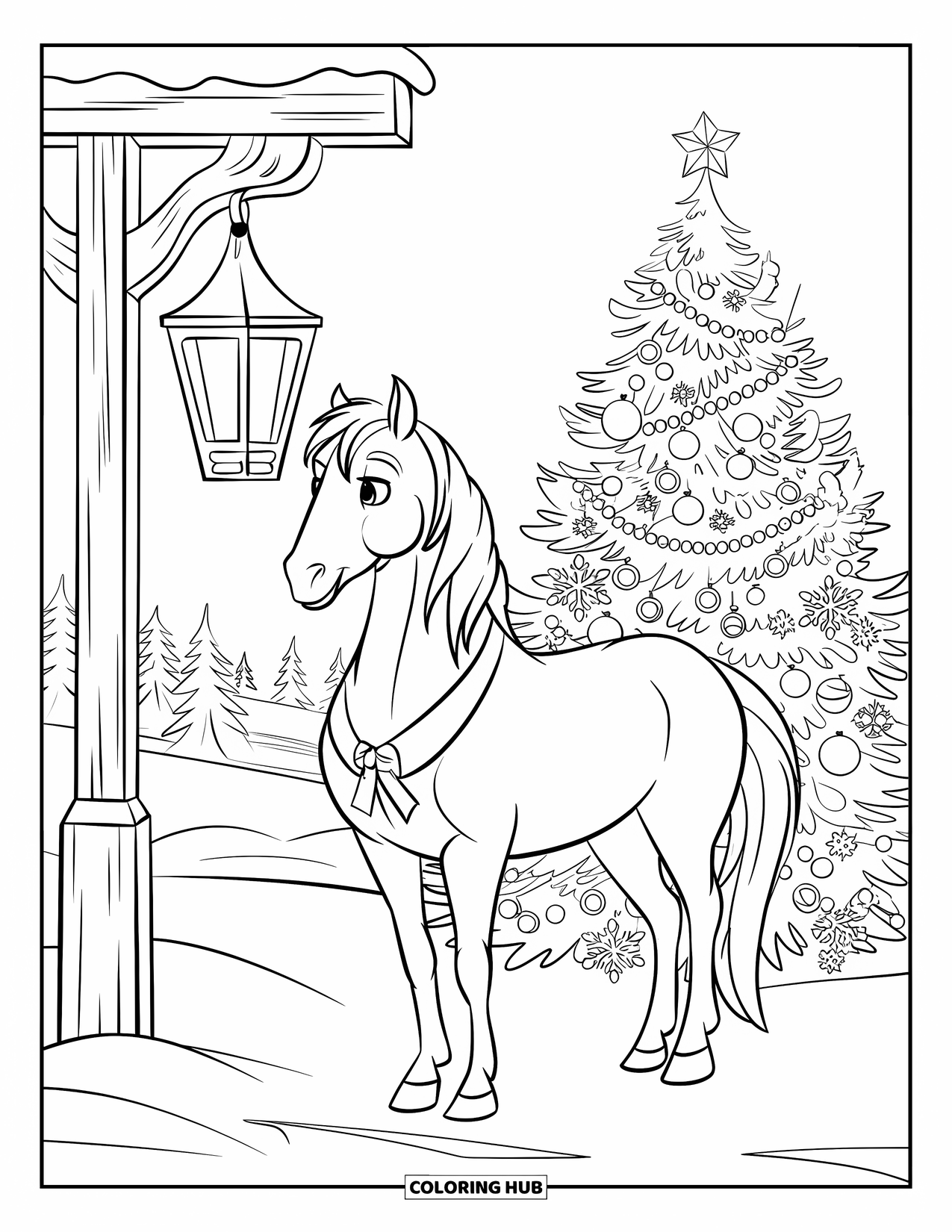 Christmas Horse Coloring Page for Kids: A horse stands beside a lantern and glowing tree on a snowy evening