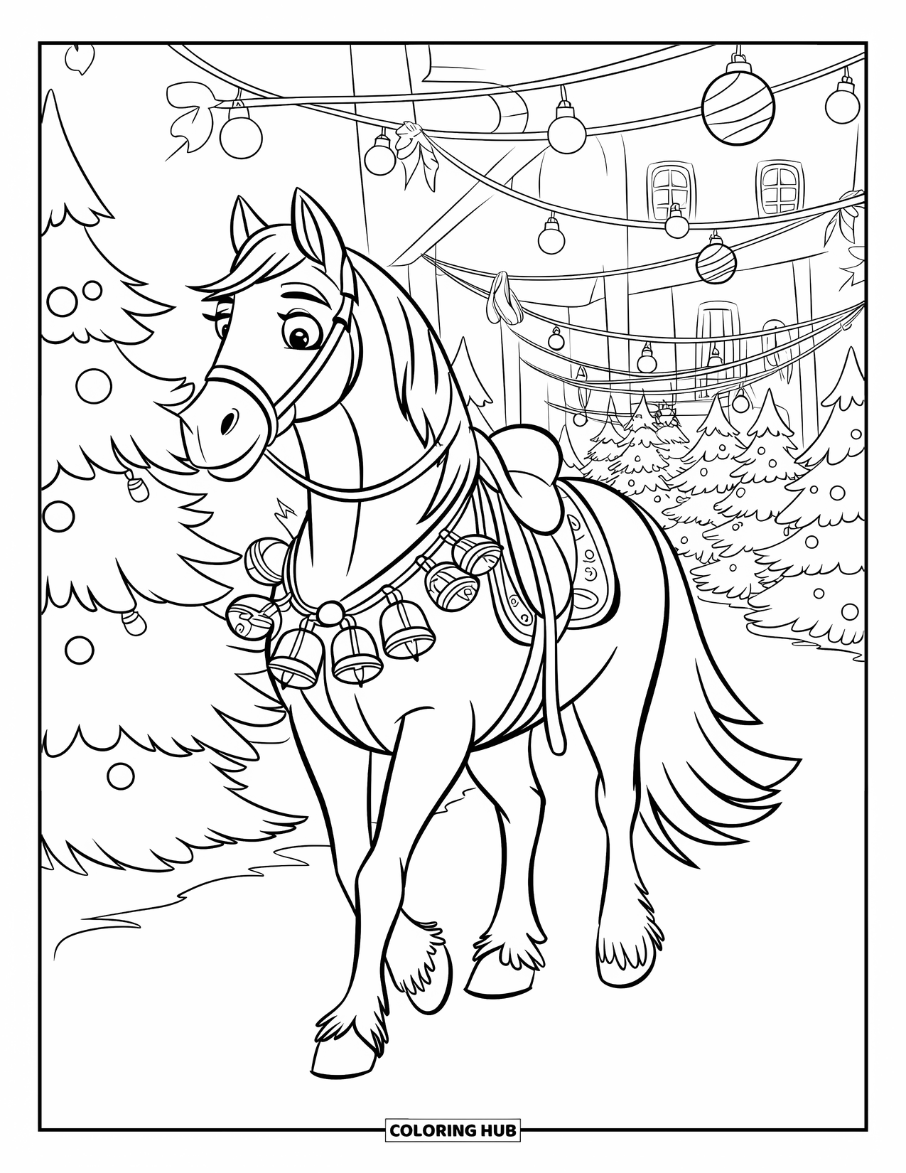 Christmas Horse Coloring Page for Kids: A horse walks a festive path lined with trees, lights, and ornaments
