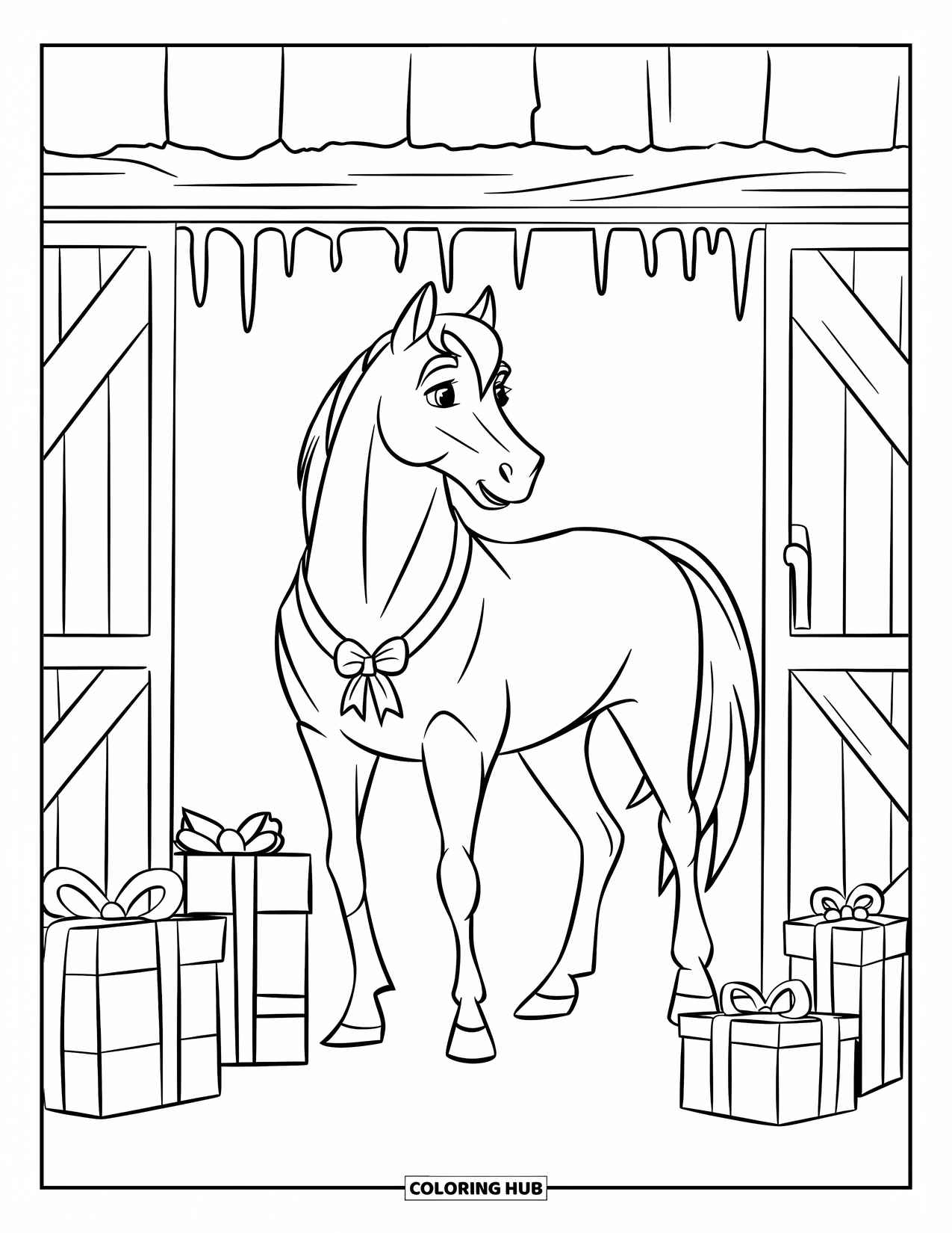Christmas Horse Coloring Page for Kids: A horse with a ribbon stands near gifts under a wooden barn doorway