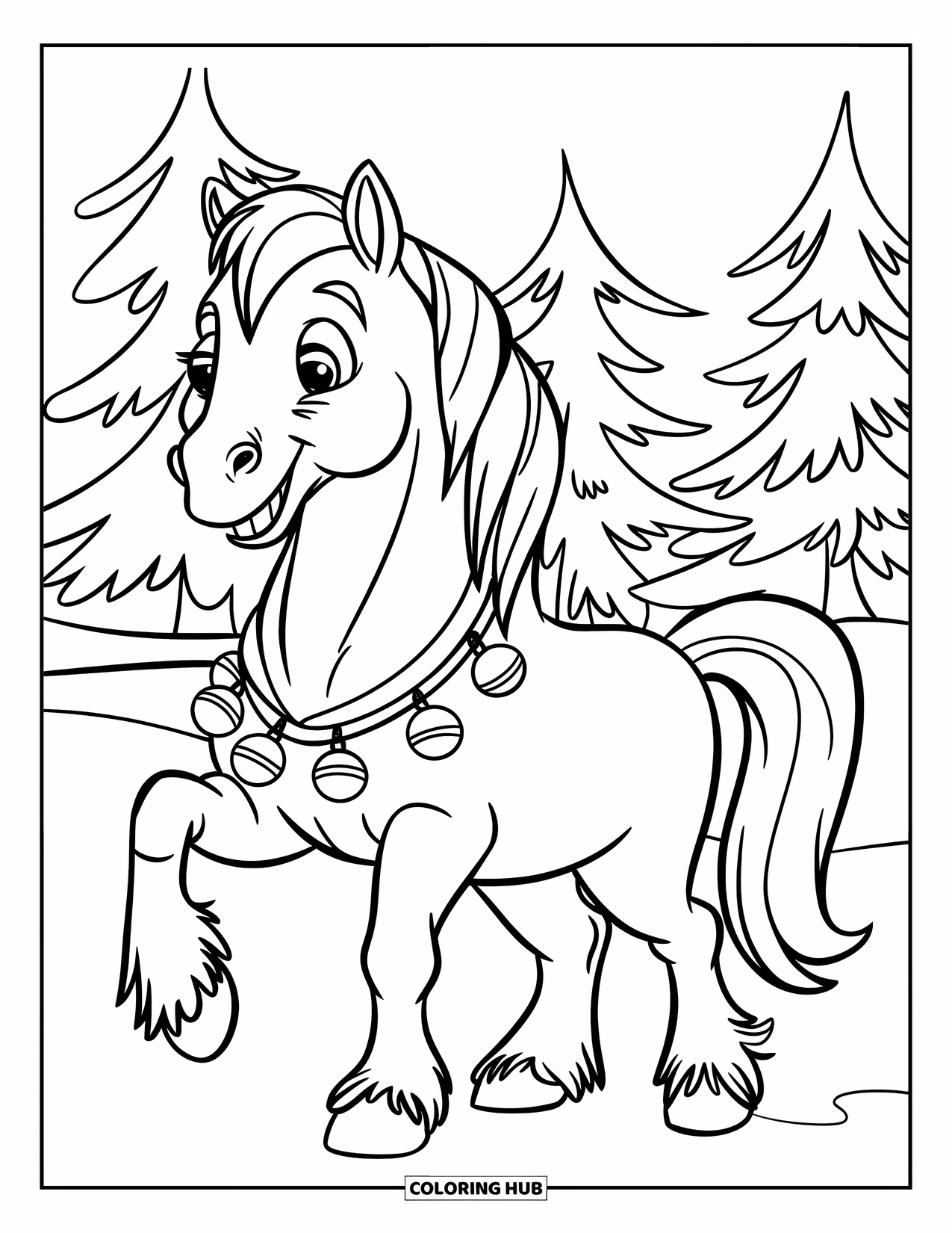 Christmas Horse Coloring Page for Kids: A jingle-bell horse stands cheerfully in the snowy woods