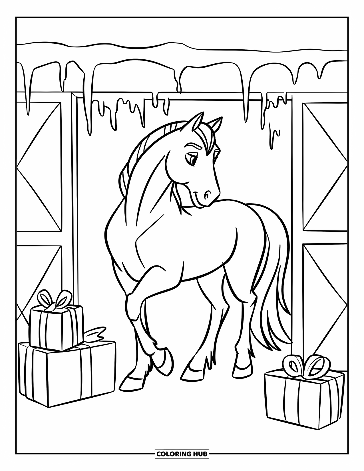 Christmas Horse Coloring Page for Kids: A noble horse stands in a barn doorway near presents and hanging icicles