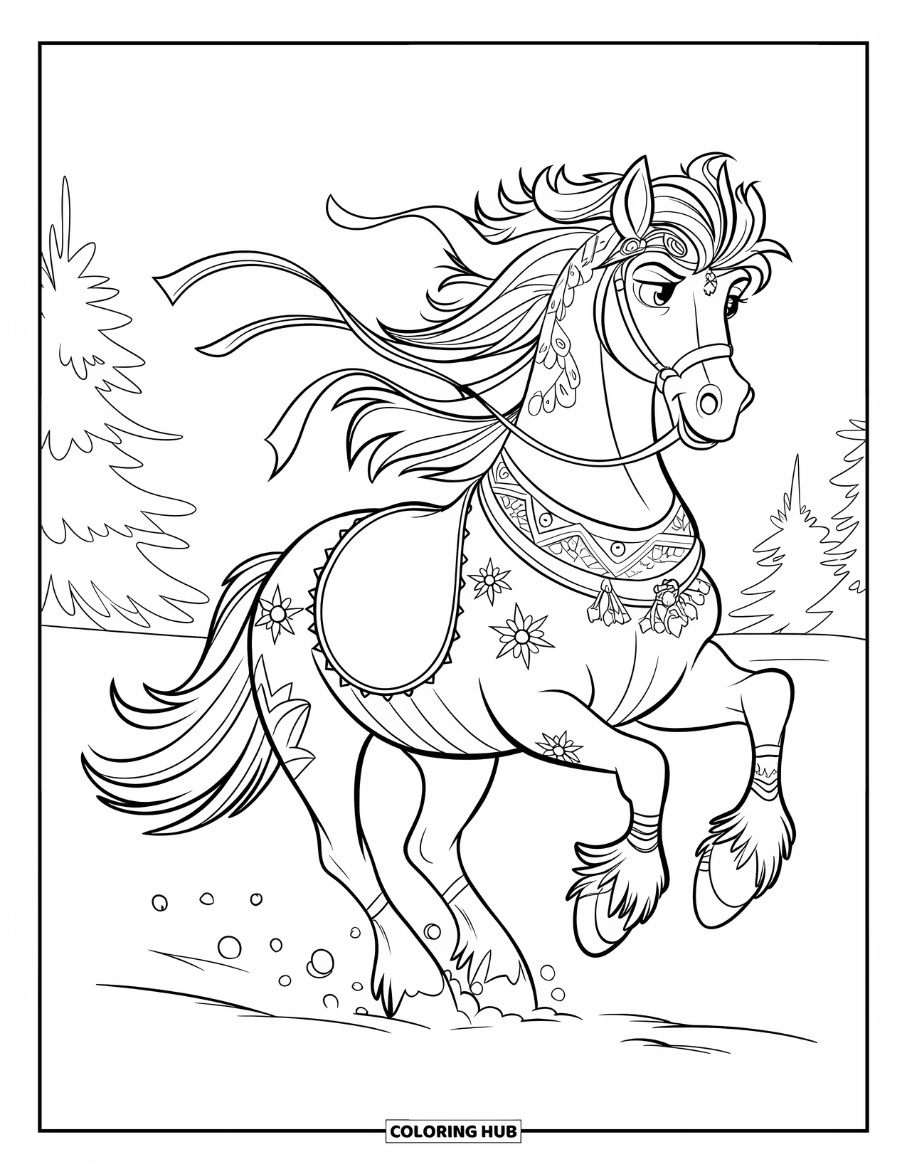 Christmas Horse Coloring Page for Kids: A patterned horse with ribbons gallops through a snowy forest