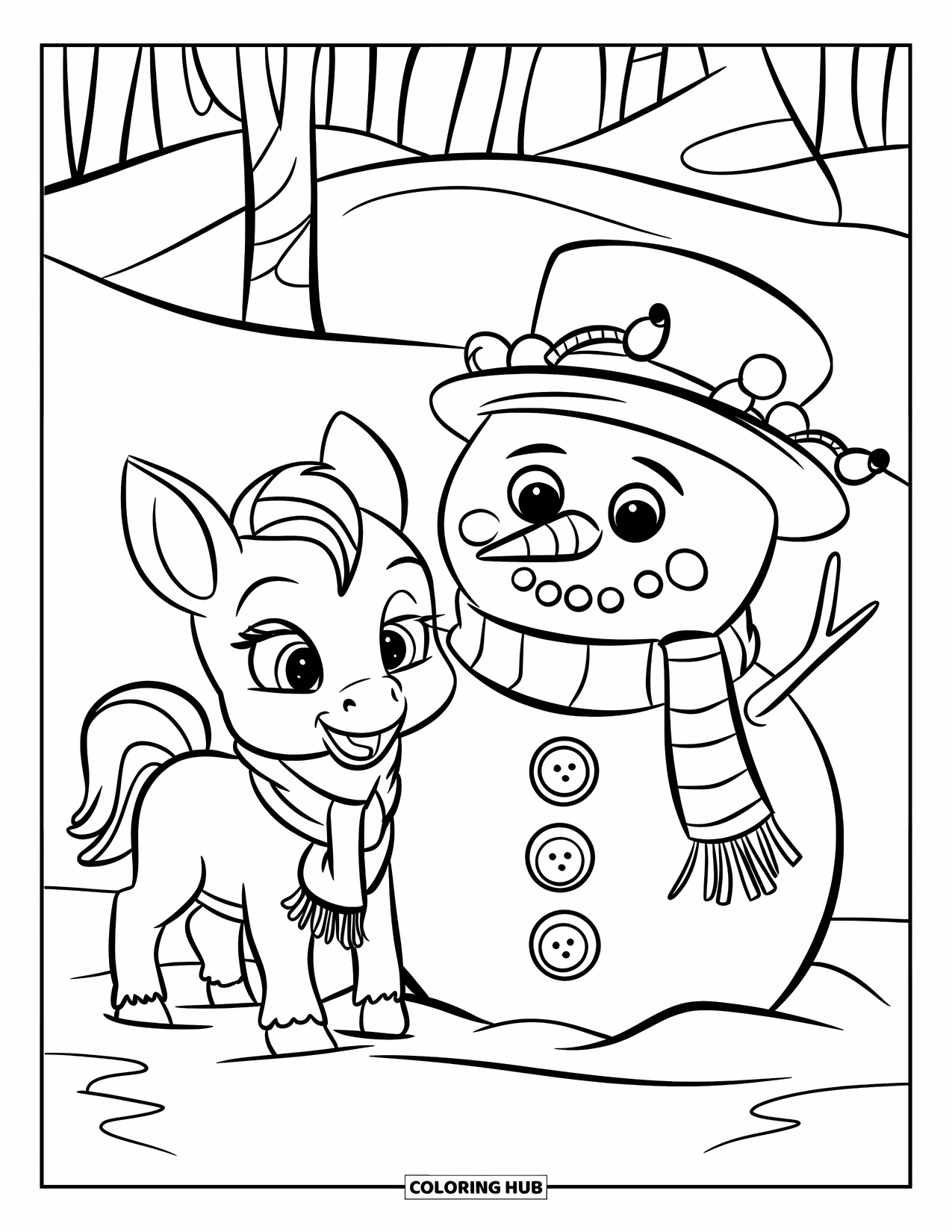 Christmas Horse Coloring Page for Kids: A playful foal with big eyes stands beside a cheerful snowman