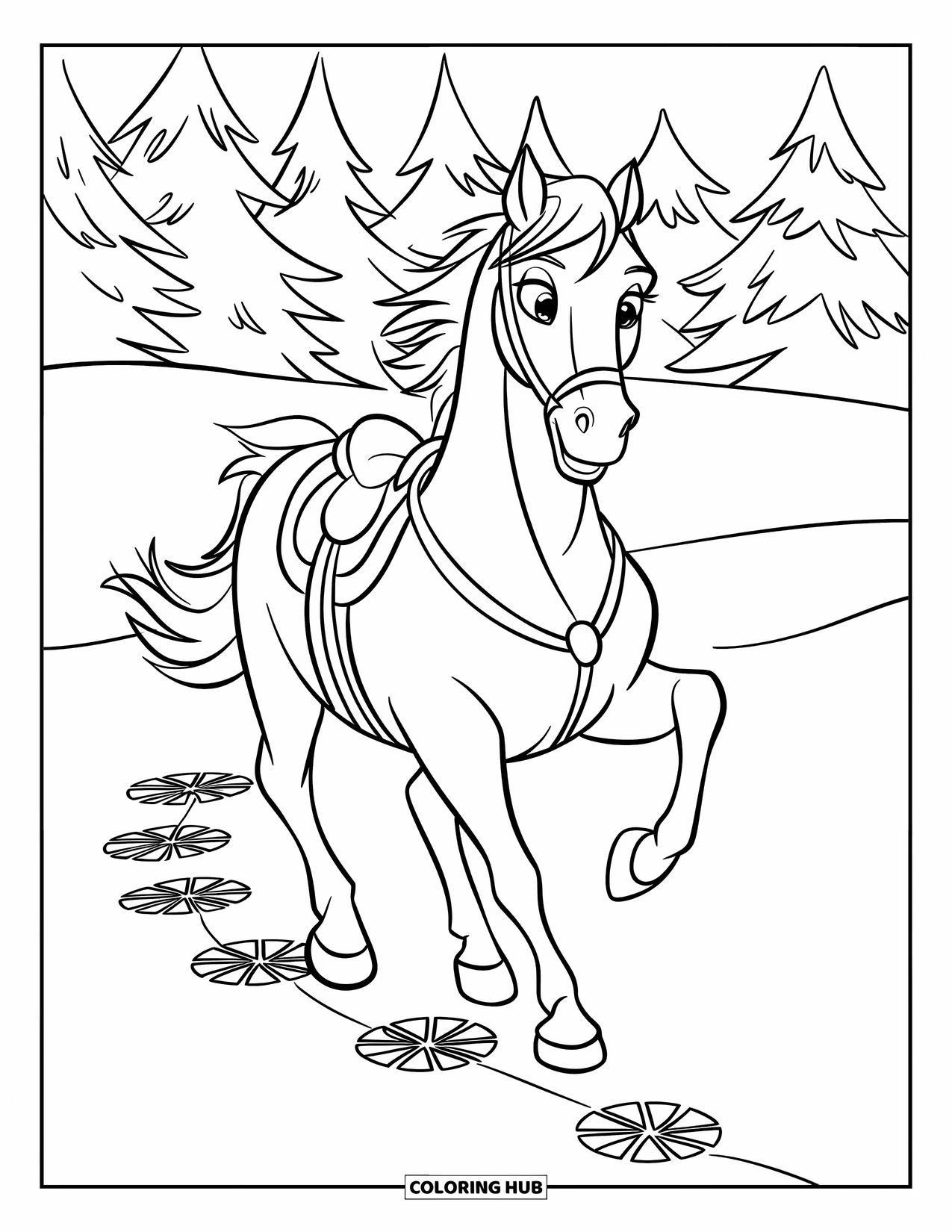 Christmas Horse Coloring Page for Kids: A prancing horse leaves hoofprints in a snowy Christmas field