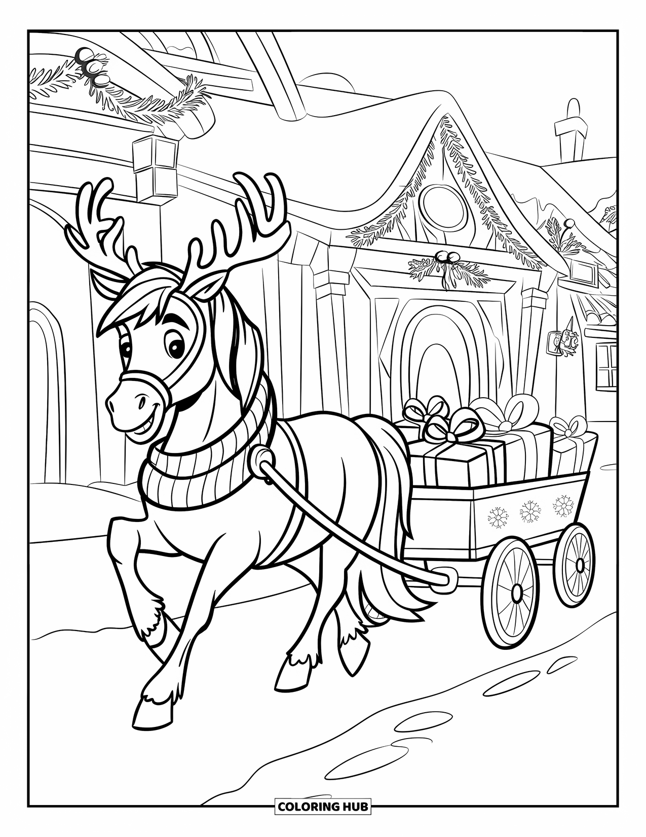 Christmas Horse Coloring Page for Kids: A red-and-white horse pulls a wagon through a festive decorated village