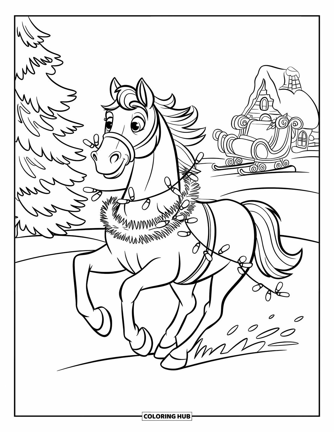 Christmas Horse Coloring Page for Kids: A red-nosed horse with garland and lights gallops through a snowy village