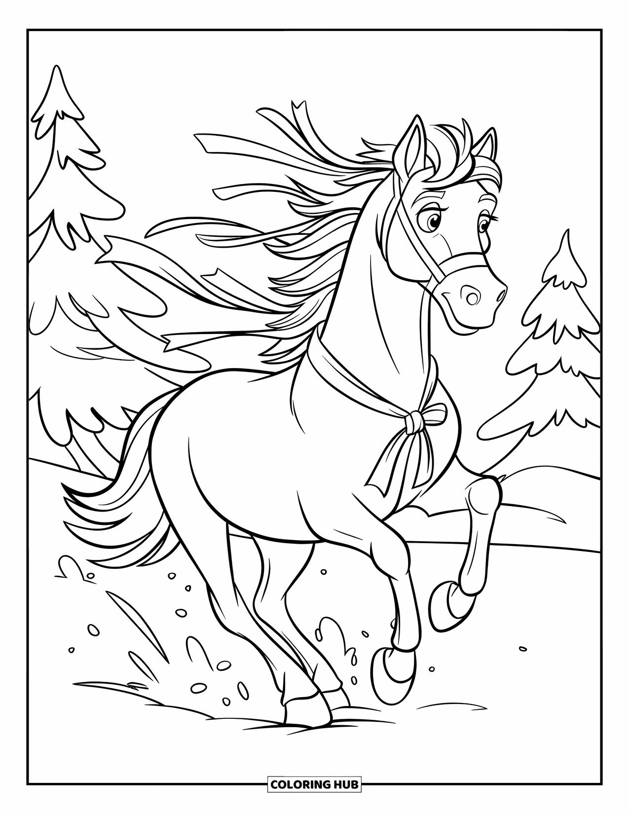 Christmas Horse Coloring Page for Kids: A ribboned horse gallops in the snow with ribbons flying in the wind