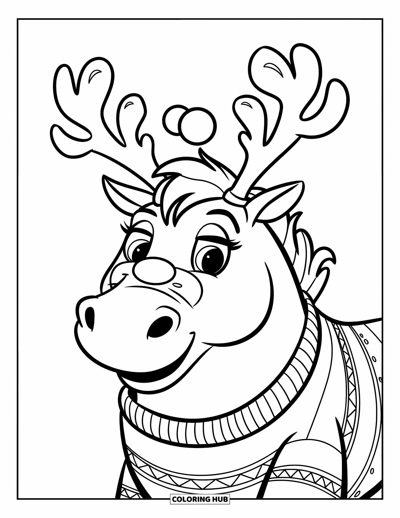 Christmas Horse Coloring Page for Kids: A round pony in a sweater and antlers smiles sweetly in the snow
