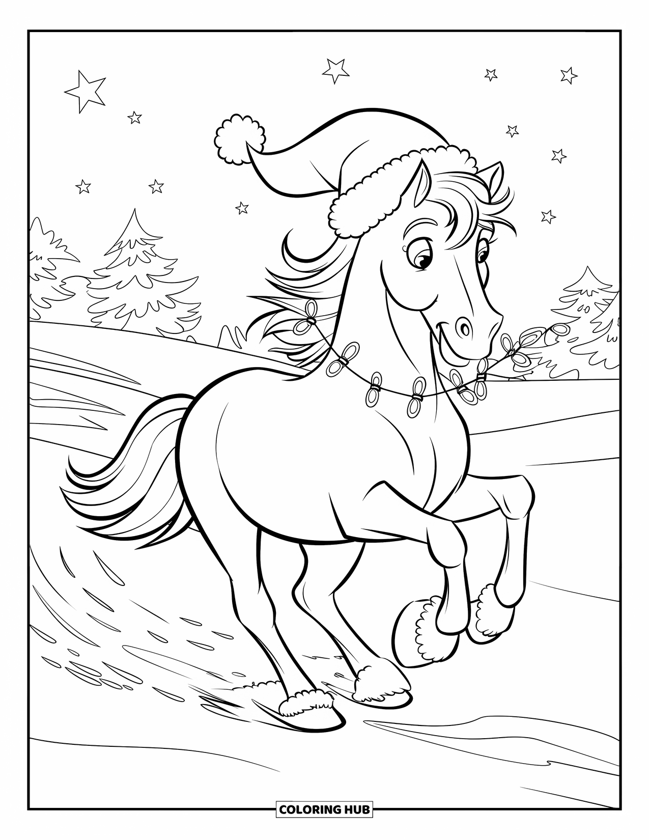 Christmas Horse Coloring Page for Kids: A Santa-hat horse gallops under stars and snow