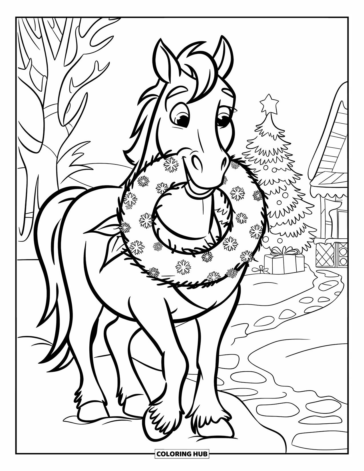 Christmas Horse Coloring Page for Kids: A scarfed horse carries a wreath past a Christmas tree and cabin