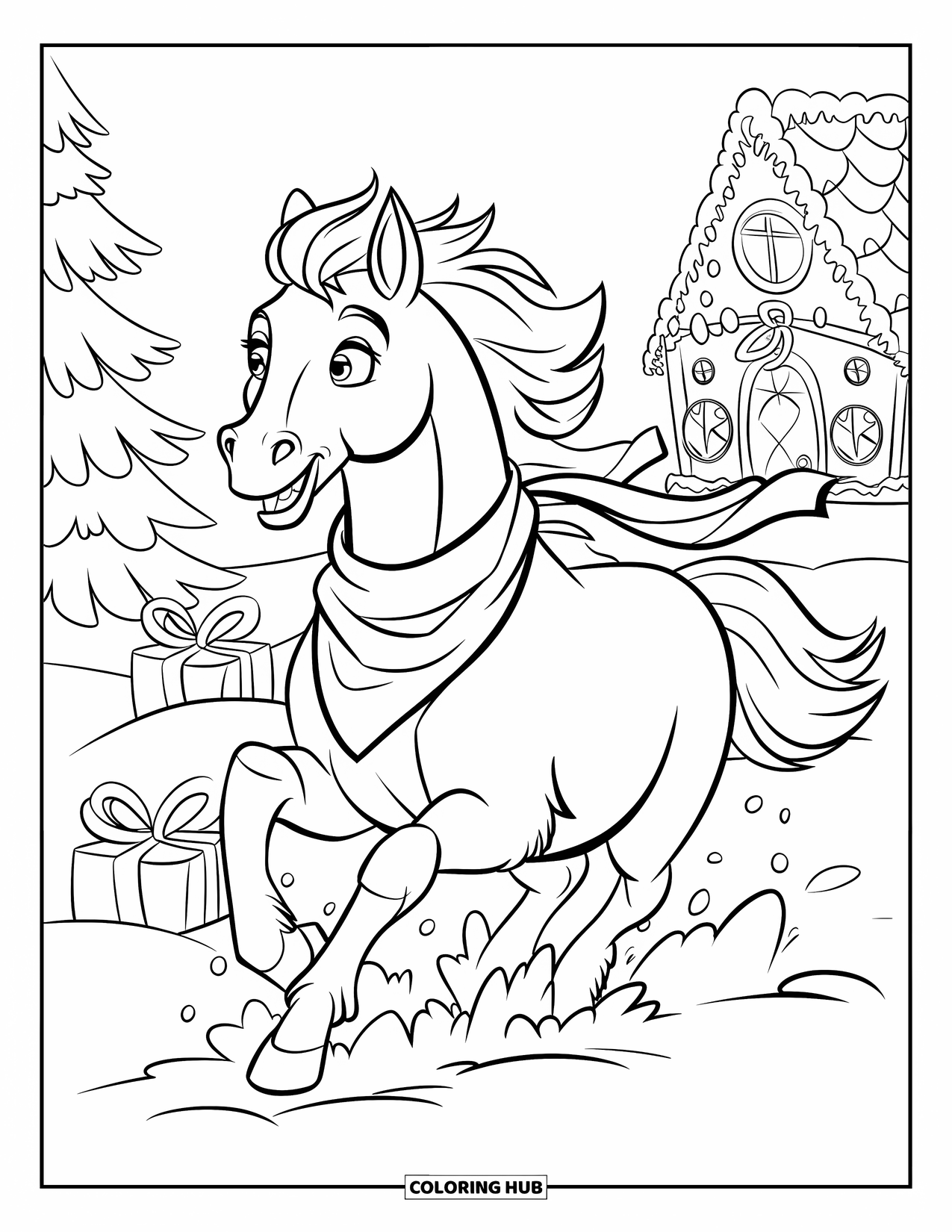 Christmas Horse Coloring Page for Kids: A scarfed horse runs past presents and a gingerbread house