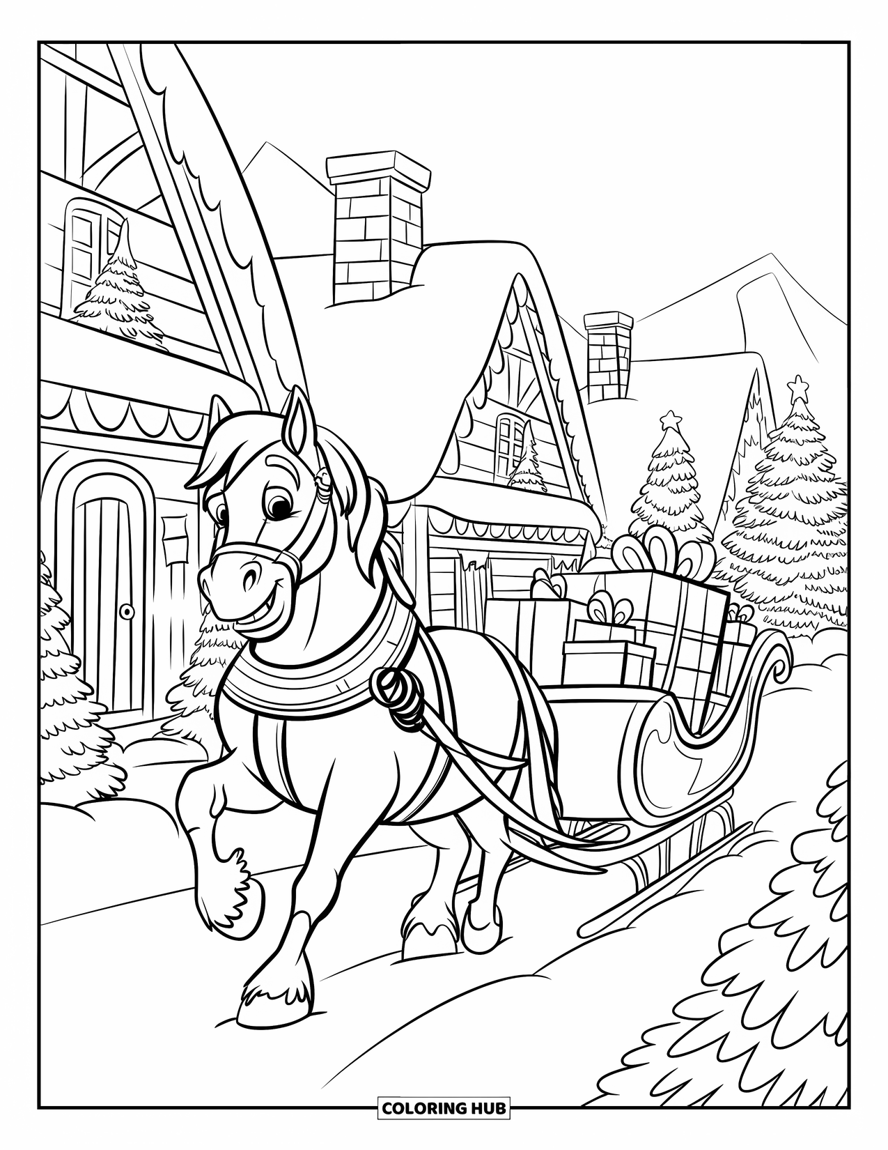 Christmas Horse Coloring Page for Kids: A sleigh-pulling horse smiles as it passes trees and snowy houses