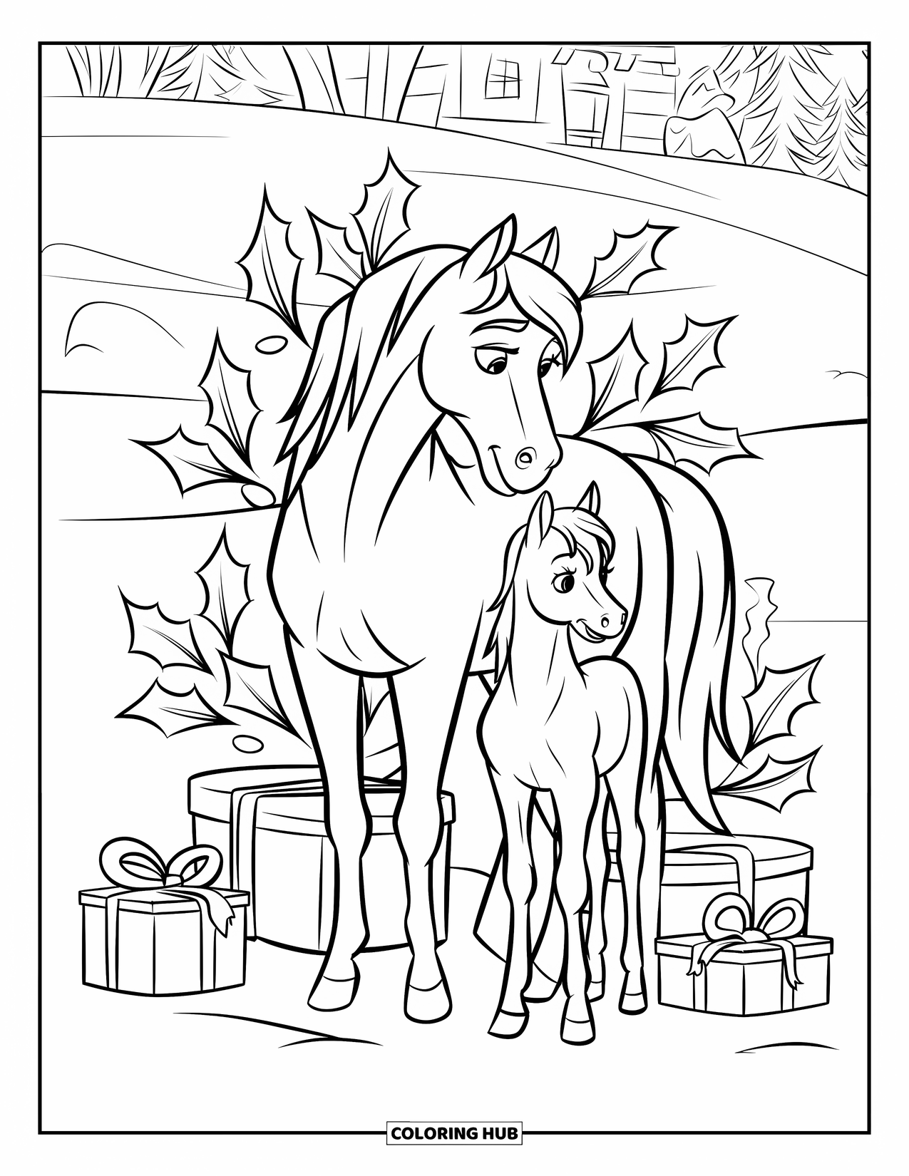 Christmas Horse Coloring Page for Kids: A snowy field surrounds a horse and foal beside holly and gift boxes