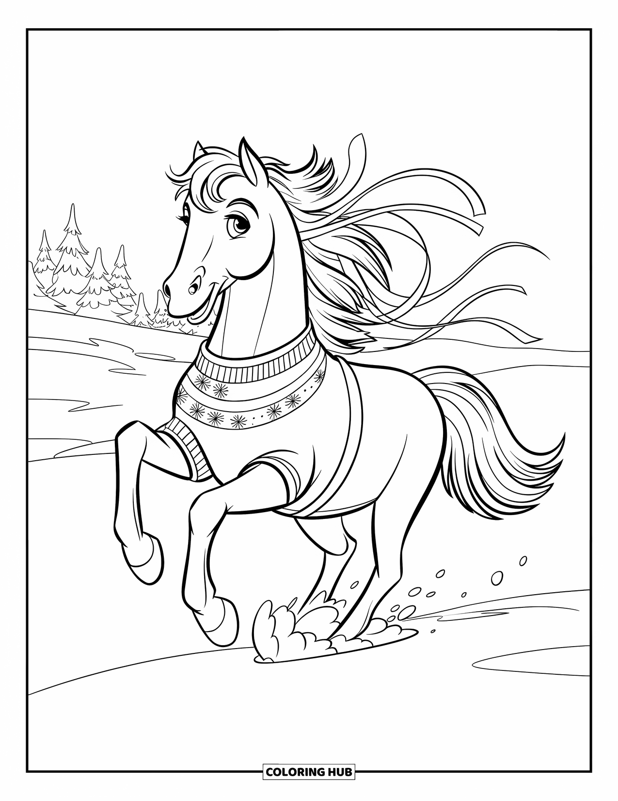 Christmas Horse Coloring Page for Kids: A sweater-wearing horse runs through snow with ribbons in its mane