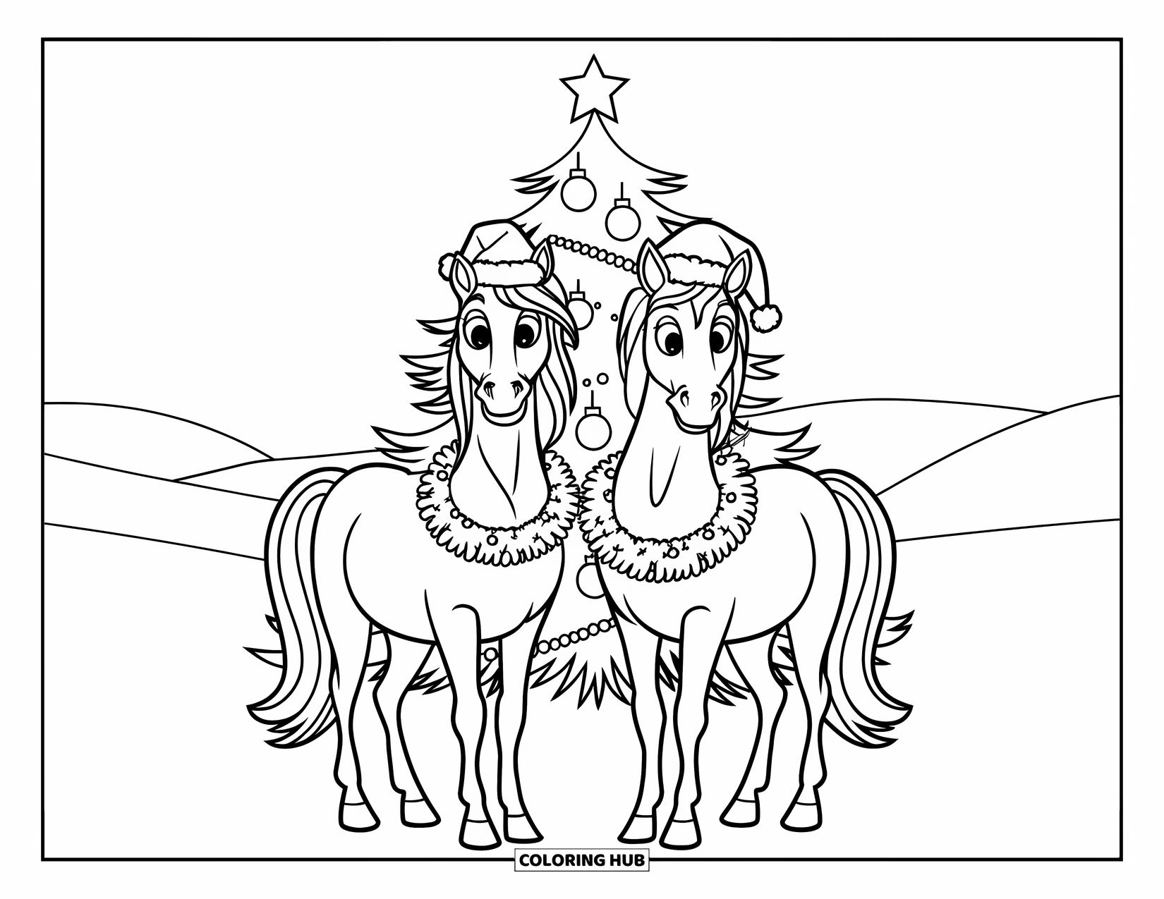 Christmas Horse Coloring Page for Kids: Santa-hat horses smile beside a star-topped tree in a snowy field