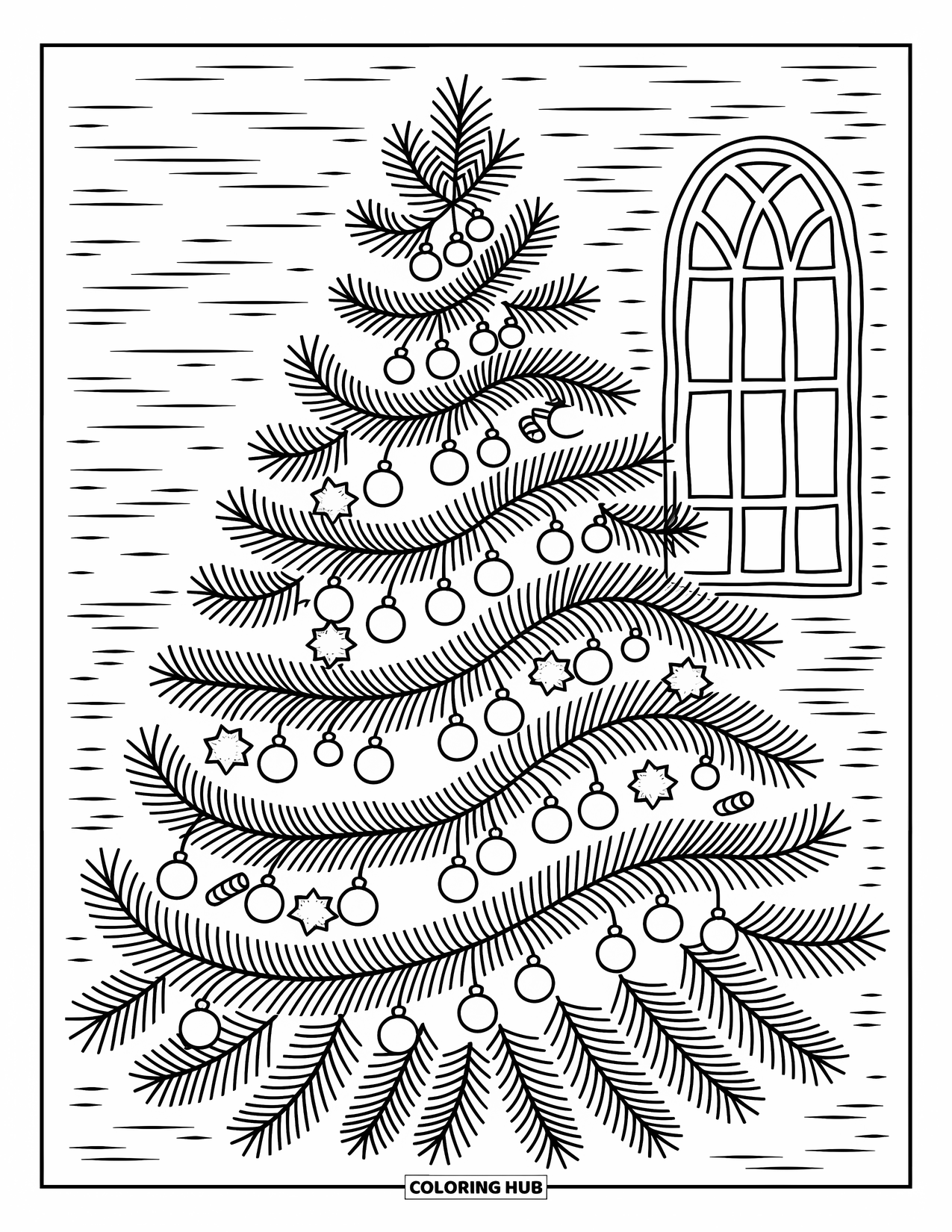 Christmas Lights Coloring Page for Adults: A cozy tree wrapped in lights and ornaments glows with holiday cheer
