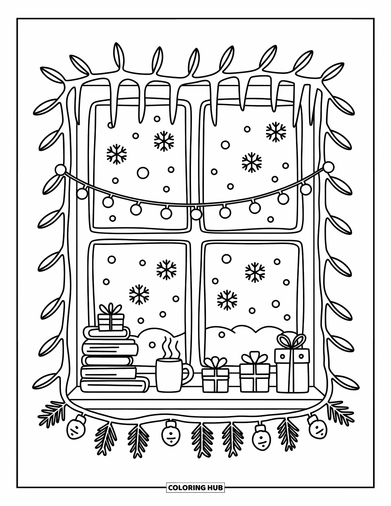 Christmas Lights Coloring Page for Adults: A cozy window glows with garlands, lights, and falling snow outside